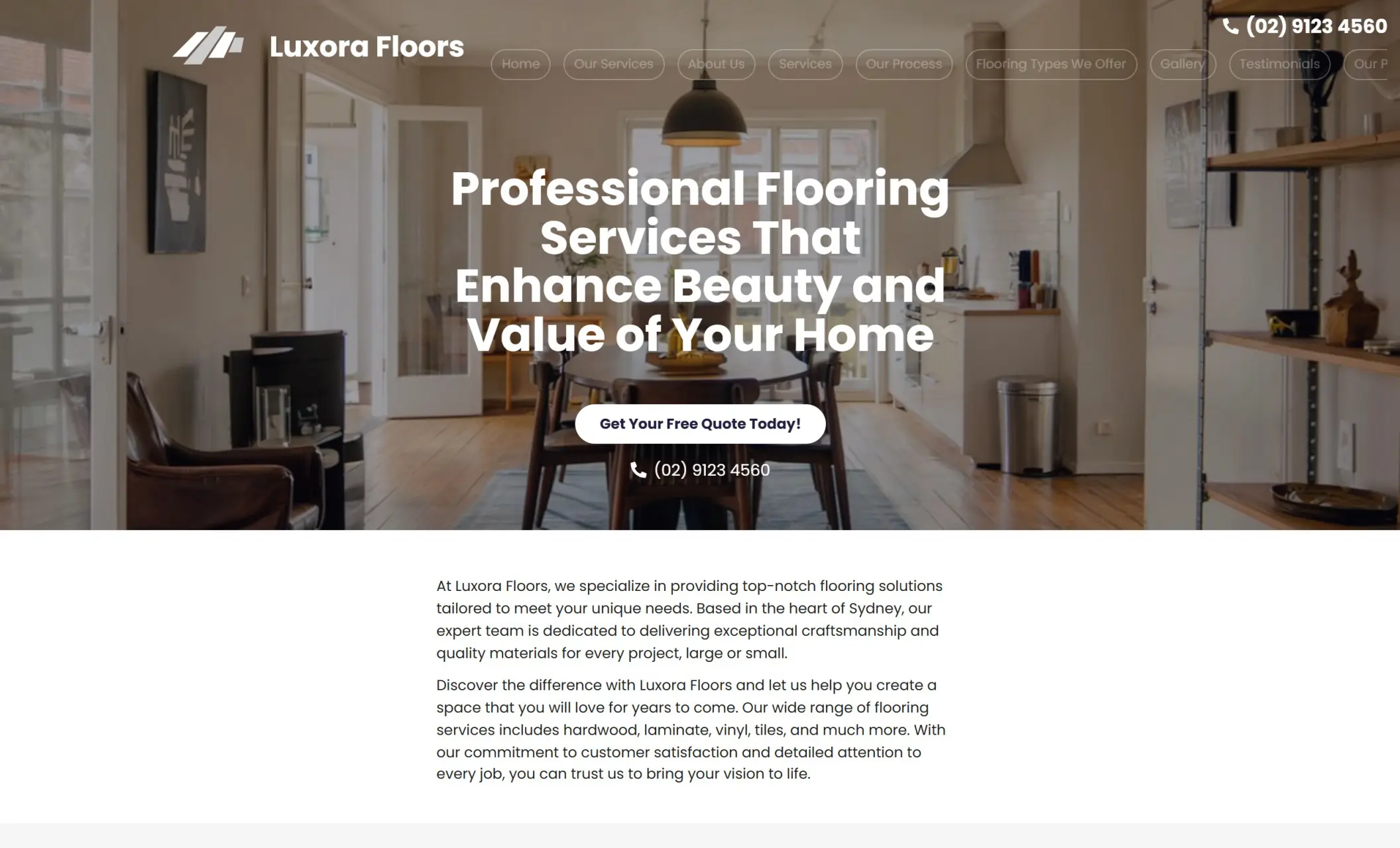 Luxora Floors' homepage featuring the image of a living room in the background, company branding, call-to-action button, and a brief description of the company