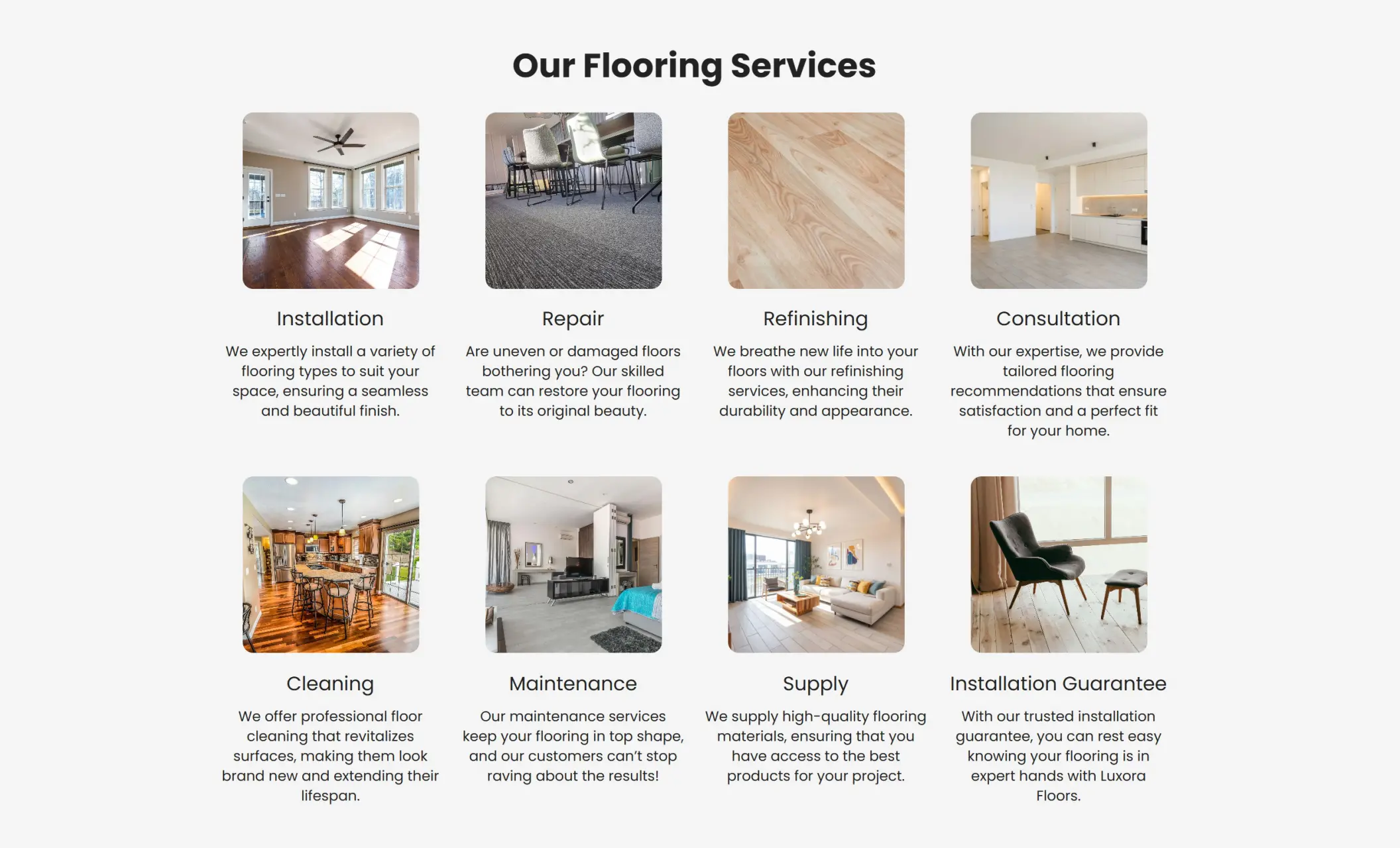 Luxora Floors' website section displaying available services