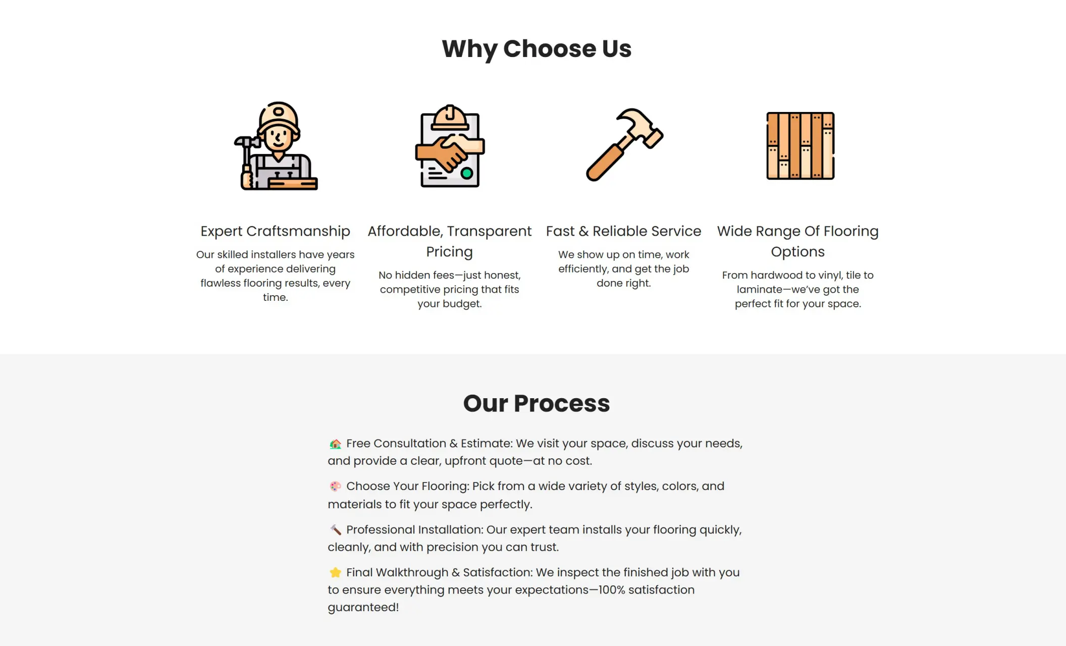 Luxora Floors' website displaying the "Why Choose Us" section, and the "Our Process" section