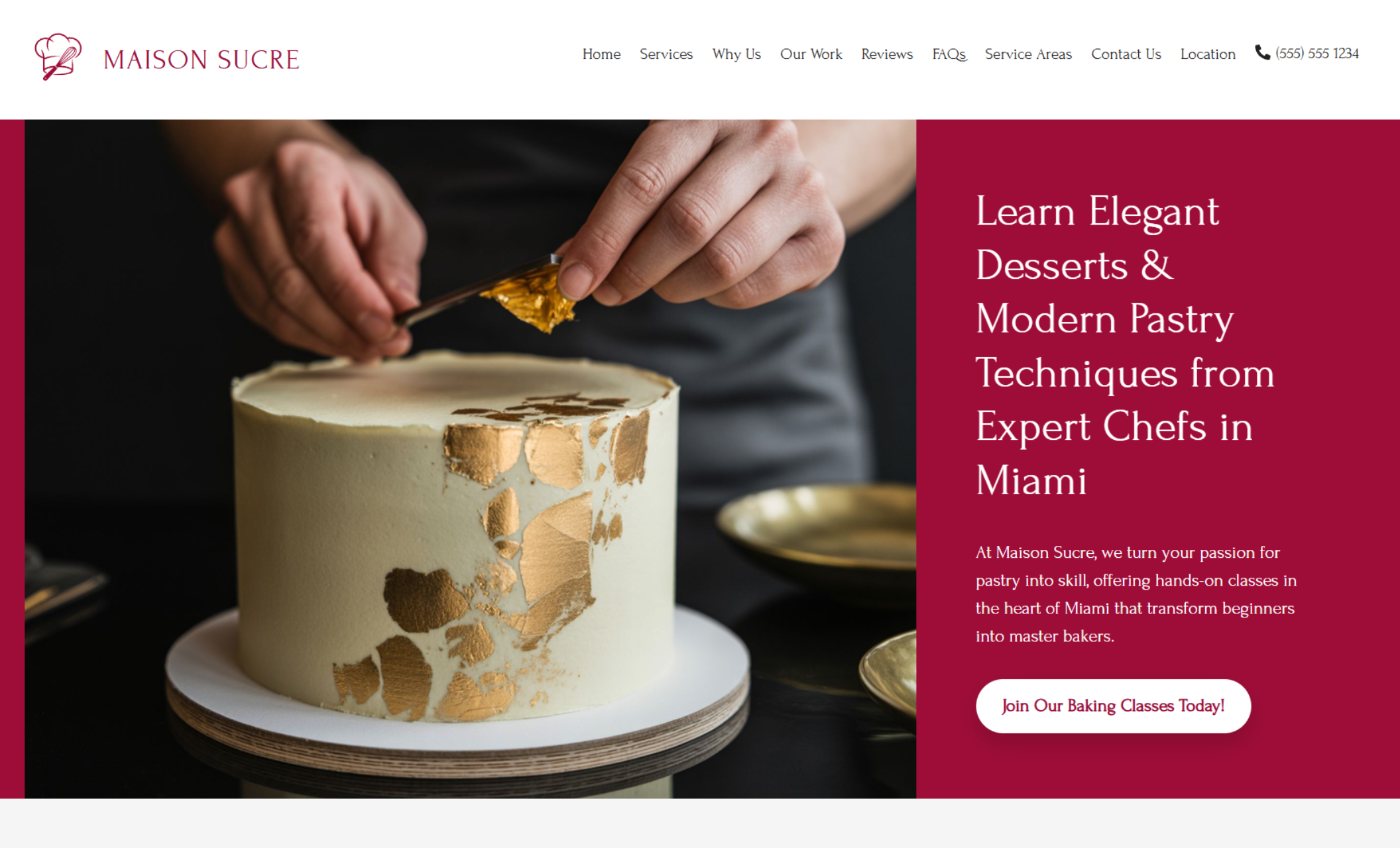 Maison Sucré homepage hero showing a chef applying gold leaf to a cake next to the headline “Learn Elegant Desserts & Modern Pastry Techniques from Expert Chefs in Miami.”