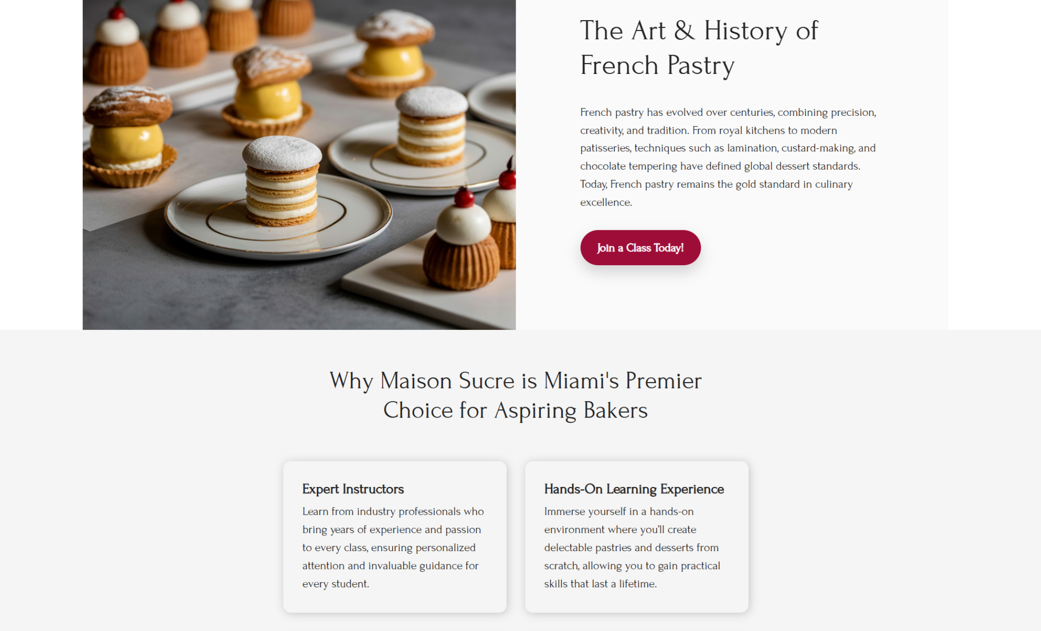 Maison Sucré webpage section featuring plated French pastries beside text titled “The Art & History of French Pastry” and a red “Join a Class Today!” button