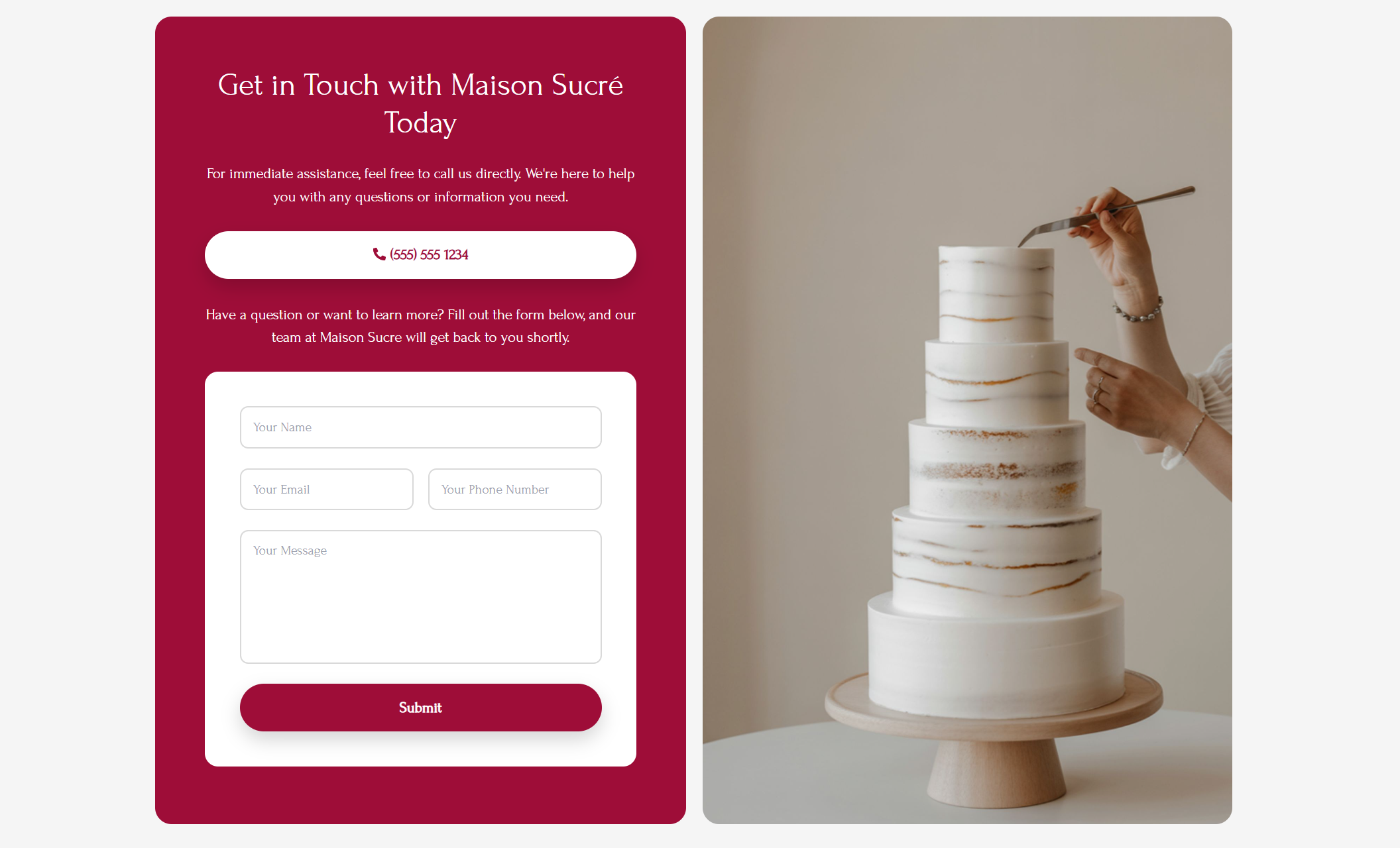 Maison Sucré contact section with a bold red background, phone call CTA, contact form fields, and an image of a baker decorating a tiered cake