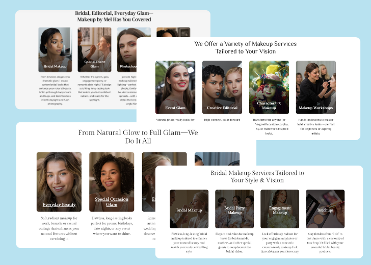 A collage of services section generated by Zarla showing different styles of service items, all having a picture, a title, and a brief description