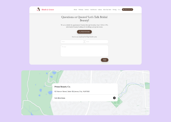 A screenshot of a header with navigation pills with contact number, a blue-colored primary button with contact number, and a 2D depiction of a map with a business address in the center