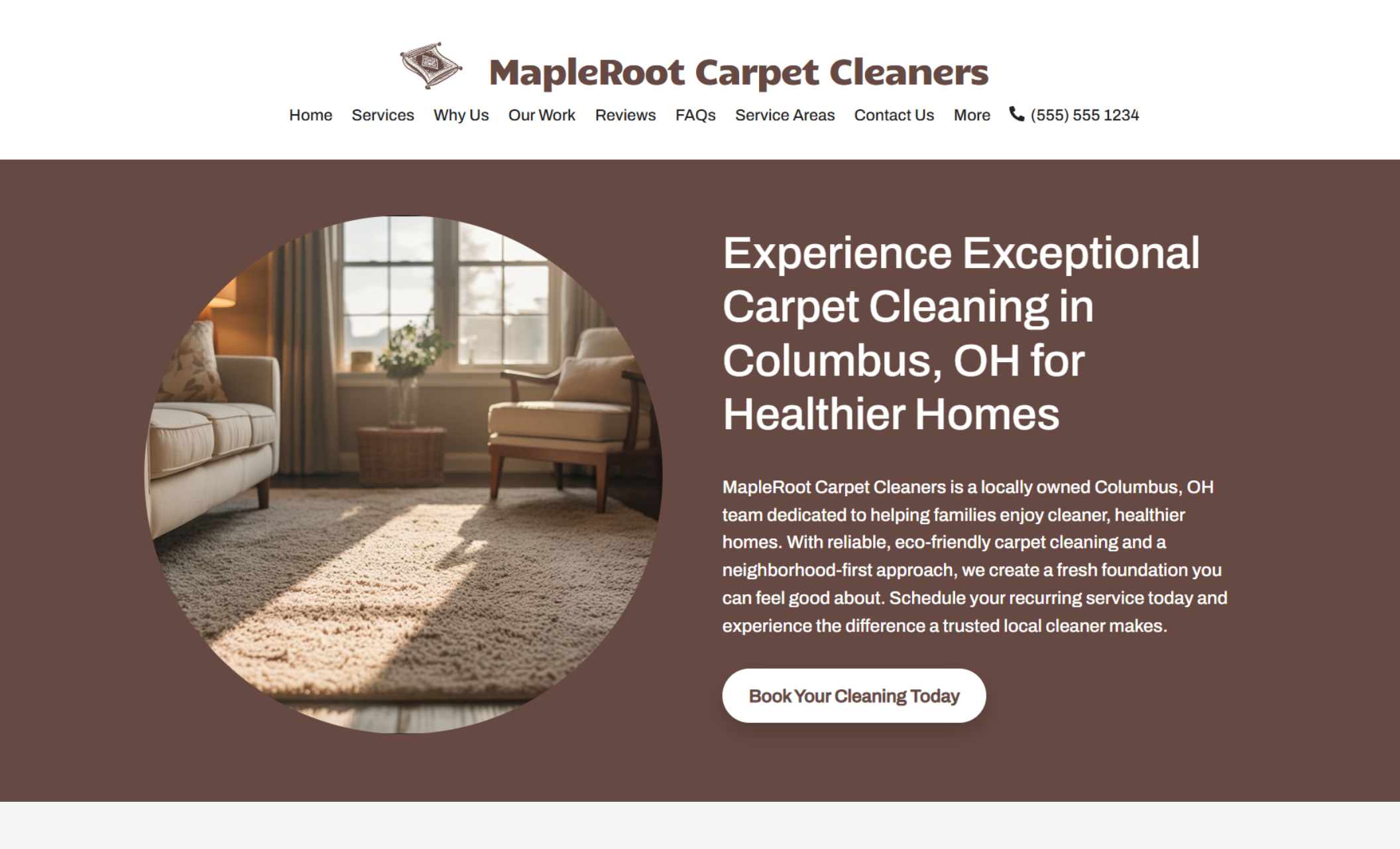 MapleRoot Carpet Cleaners homepage hero featuring a warm-toned living room with freshly cleaned carpet beside the headline “Experience Exceptional Carpet Cleaning in Columbus, OH for Healthier Homes” and a white “Book Your Cleaning Today” button