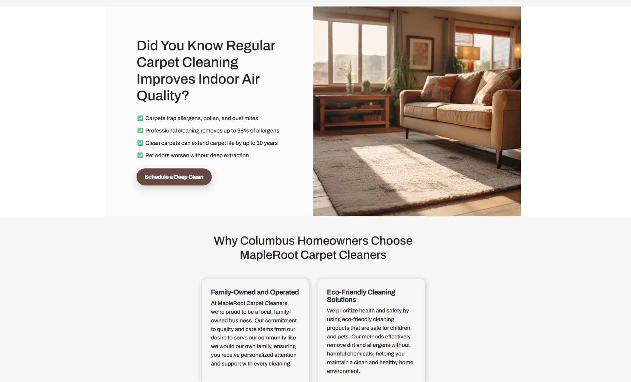 MapleRoot Carpet Cleaners educational section featuring a cozy living room with clean carpeting alongside the headline “Did You Know Regular Carpet Cleaning Improves Indoor Air Quality?” and a checklist highlighting allergen and odor removal benefits