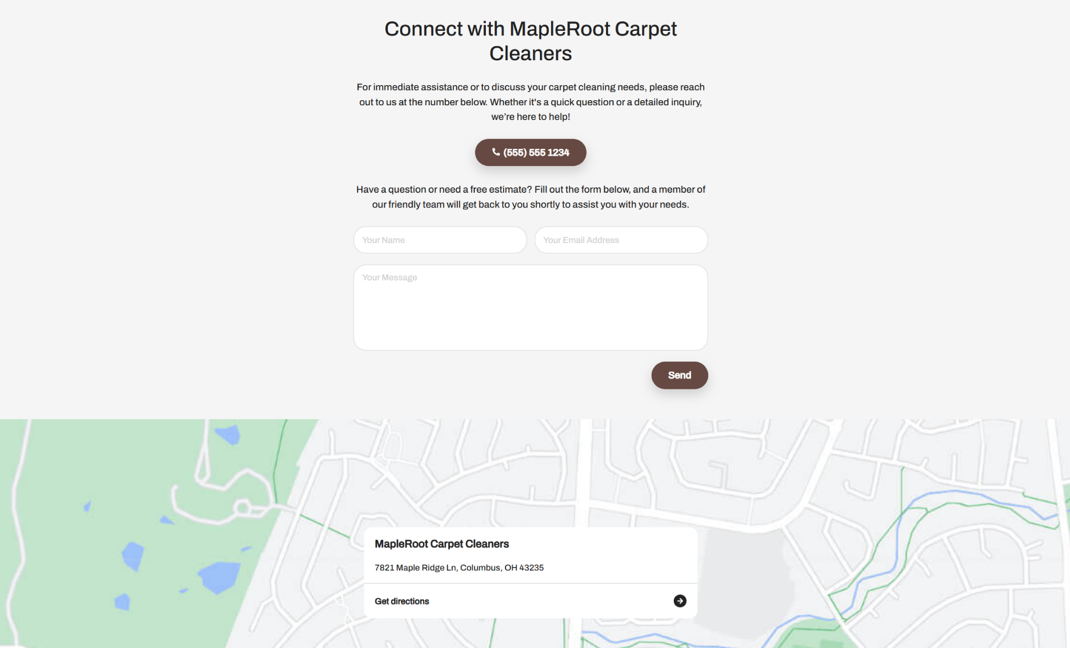 MapleRoot Carpet Cleaners contact section featuring a centered contact form, tap-to-call phone button, and an embedded map showing the Columbus, Ohio service location