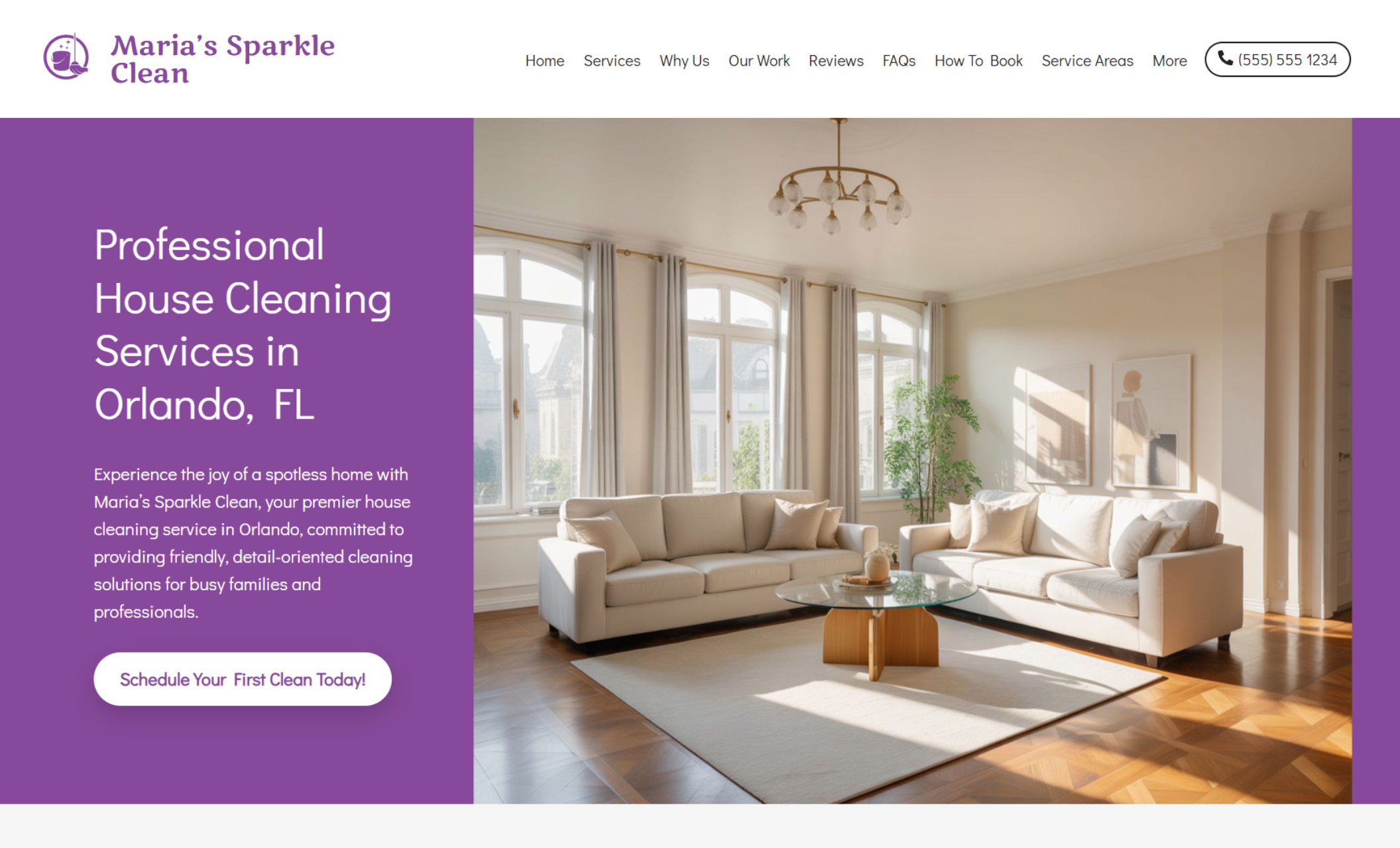 Maria’s Sparkle Clean homepage hero section displaying a bright living room beside a purple panel with the headline “Professional House Cleaning Services in Orlando, FL” and a “Schedule Your First Clean Today!” button