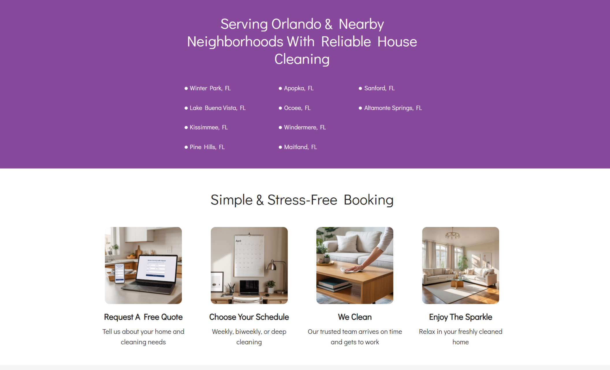 Maria’s Sparkle Clean service areas and booking steps section showing “Serving Orlando & Nearby Neighborhoods With Reliable House Cleaning” above a four-step process labeled Request a Free Quote, Choose Your Schedule, We Clean, and Enjoy the Sparkle