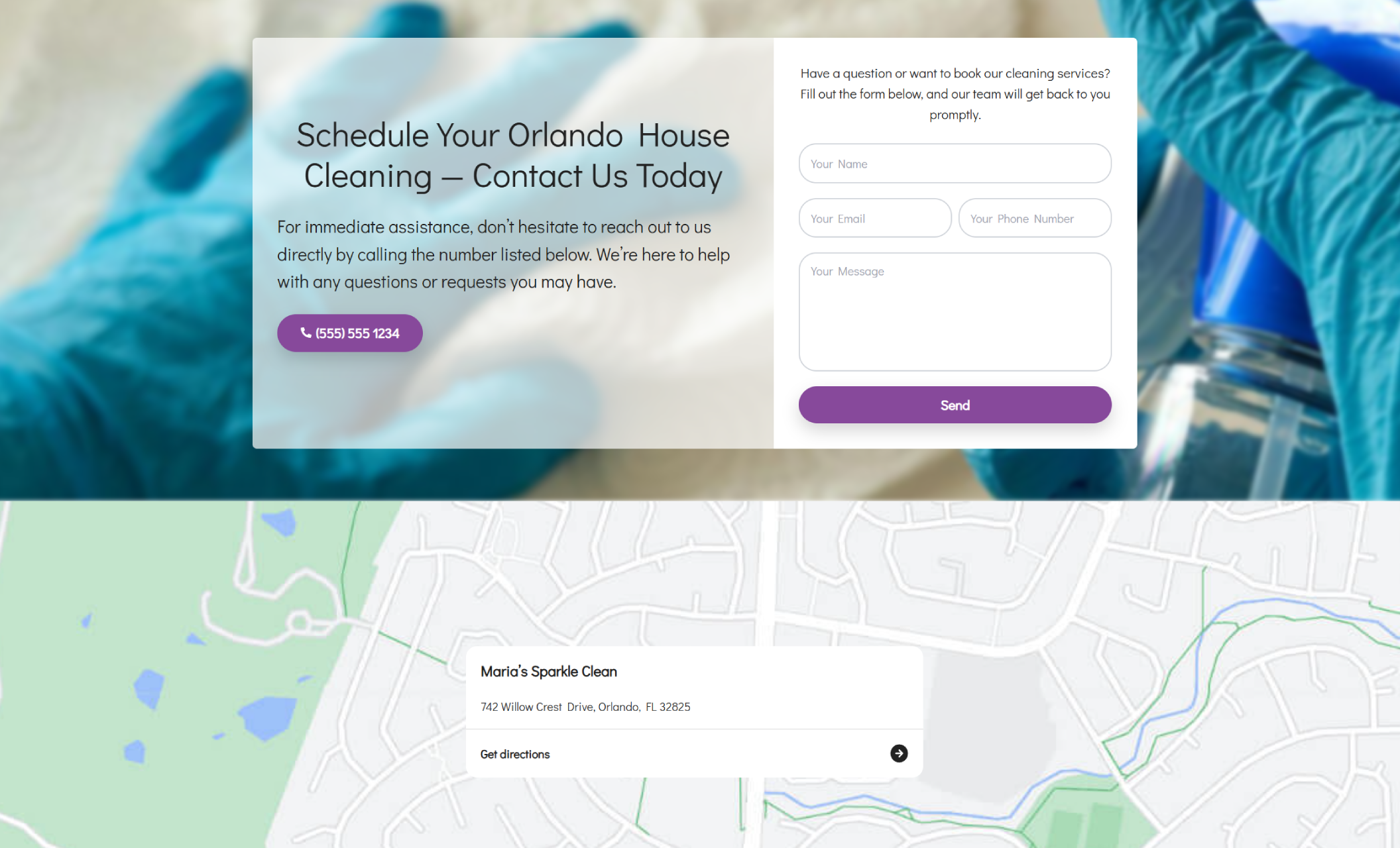 Maria’s Sparkle Clean contact section featuring the headline “Schedule Your Orlando House Cleaning — Contact Us Today,” a phone call button, a contact form, and a map displaying the Orlando business address
