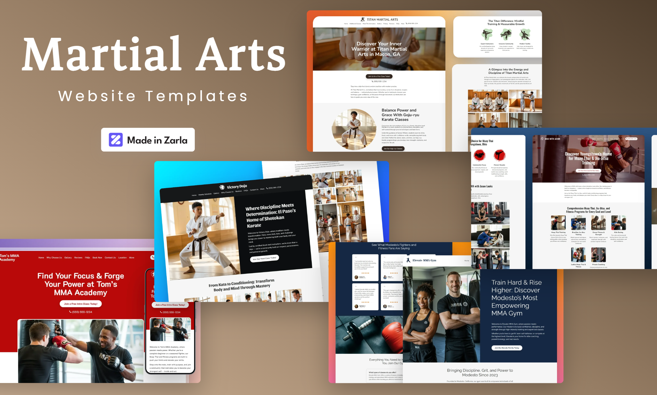 Collection of martial arts website templates created with Zarla