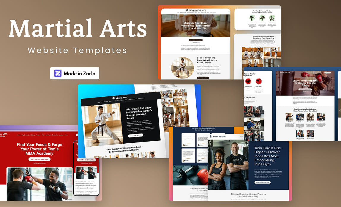 Collection of martial arts website templates created with Zarla