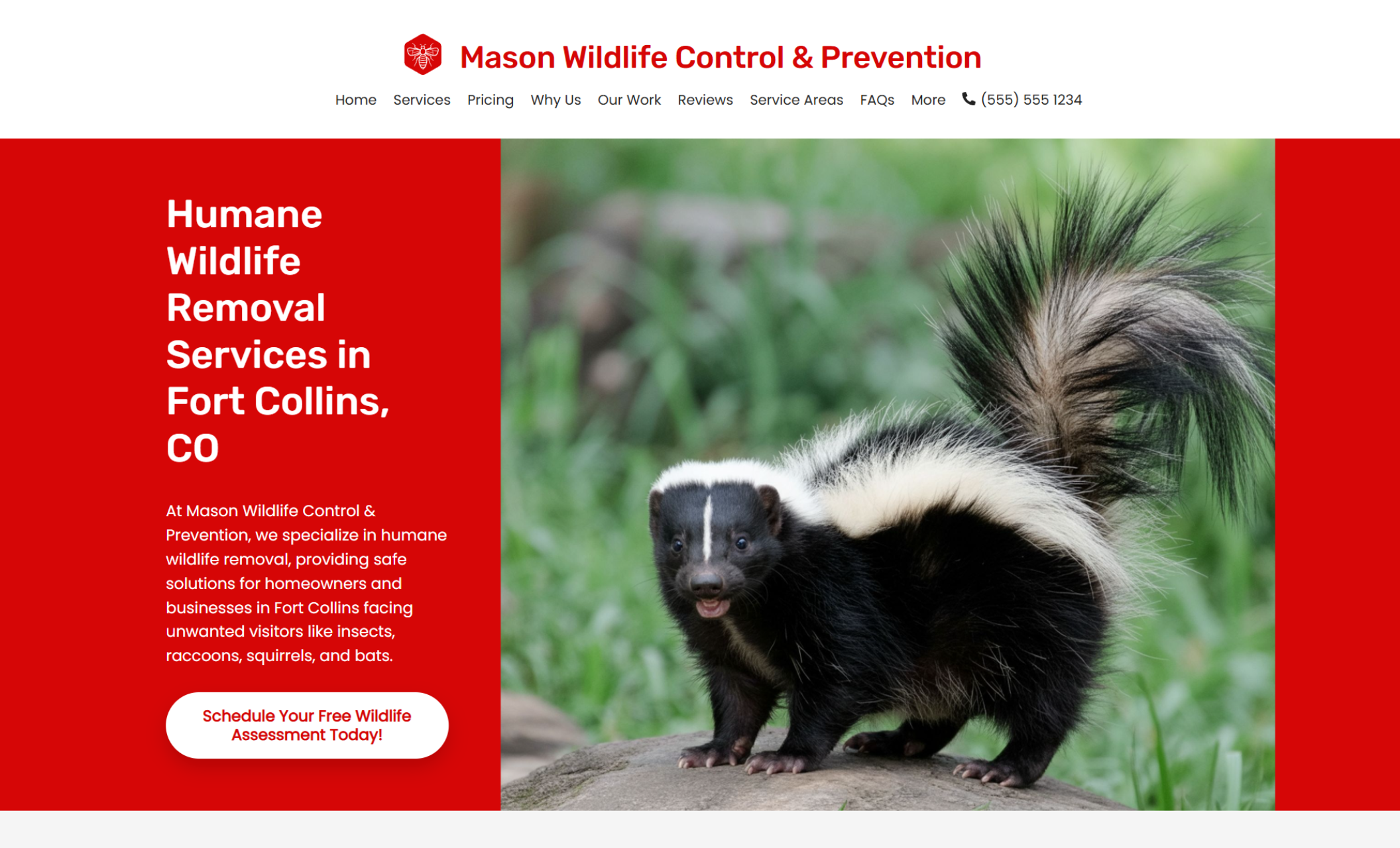 Mason Wildlife Control & Prevention homepage featuring a skunk standing on a rock beside the headline “Humane Wildlife Removal Services in Fort Collins, CO” and a white button labeled “Schedule Your Free Wildlife Assessment Today.”