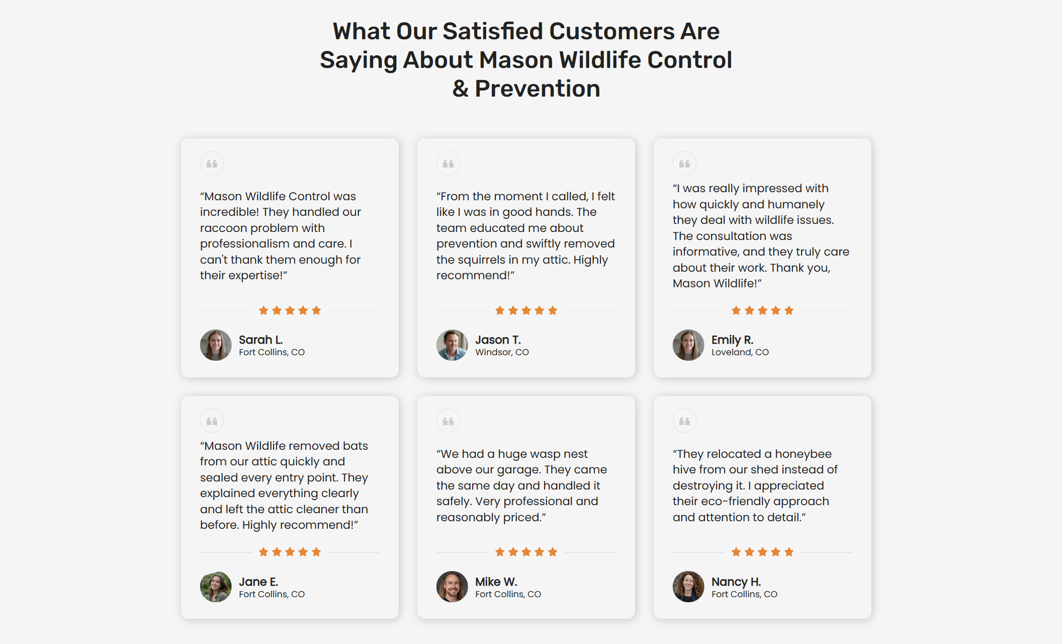 Customer review section titled “What Our Satisfied Customers Are Saying About Mason Wildlife Control & Prevention,” displaying six testimonial cards with five-star ratings and reviewer names from Fort Collins and nearby areas