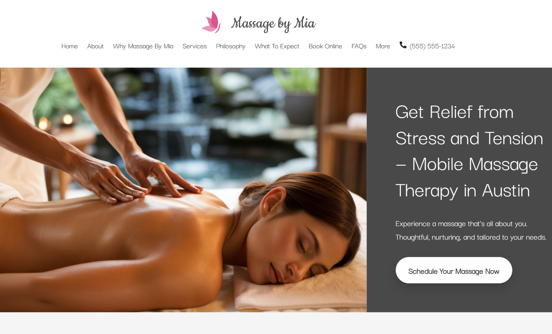Massage by Mia homepage featuring a woman receiving a calming back massage in a spa-like setting, alongside the headline “Get Relief from Stress and Tension – Mobile Massage Therapy in Austin” and a white button that says “Schedule Your Massage Now.”