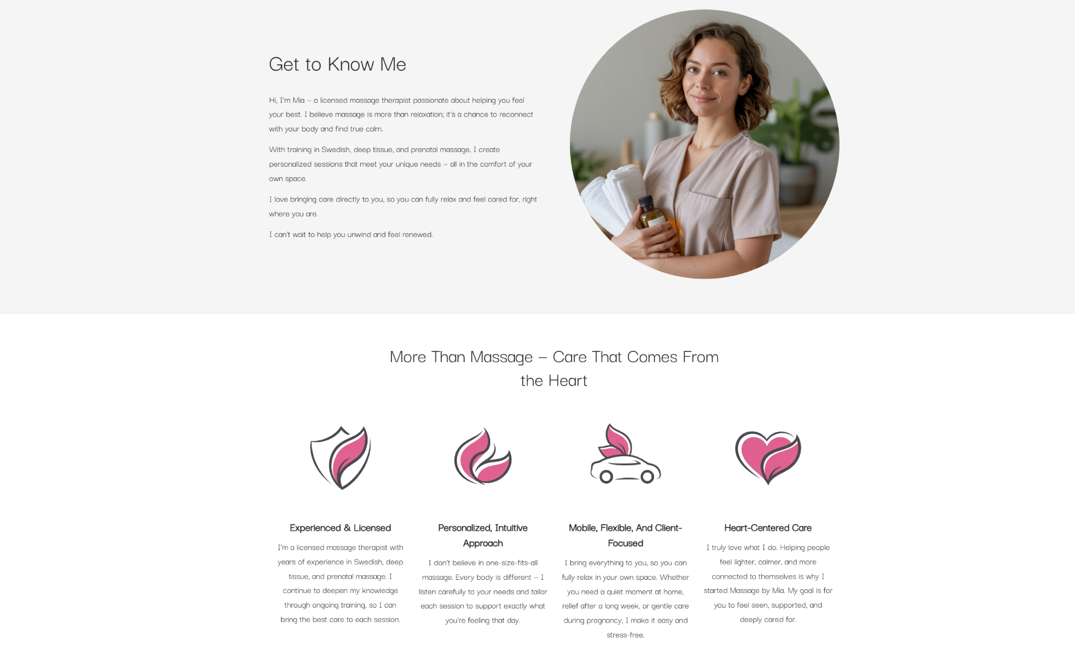 Get to Know Me section introducing Mia, a smiling massage therapist holding oils and towels, beside a personal bio that explains her heart-centered, mobile massage approach