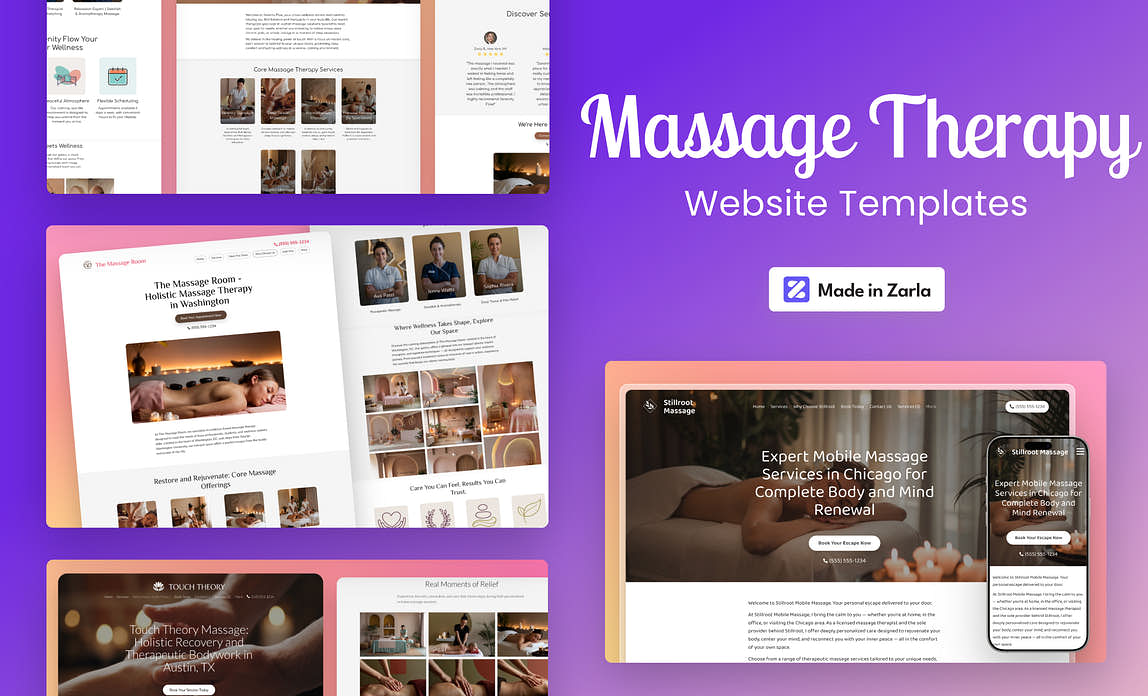 Collection of massage website templates created with Zarla