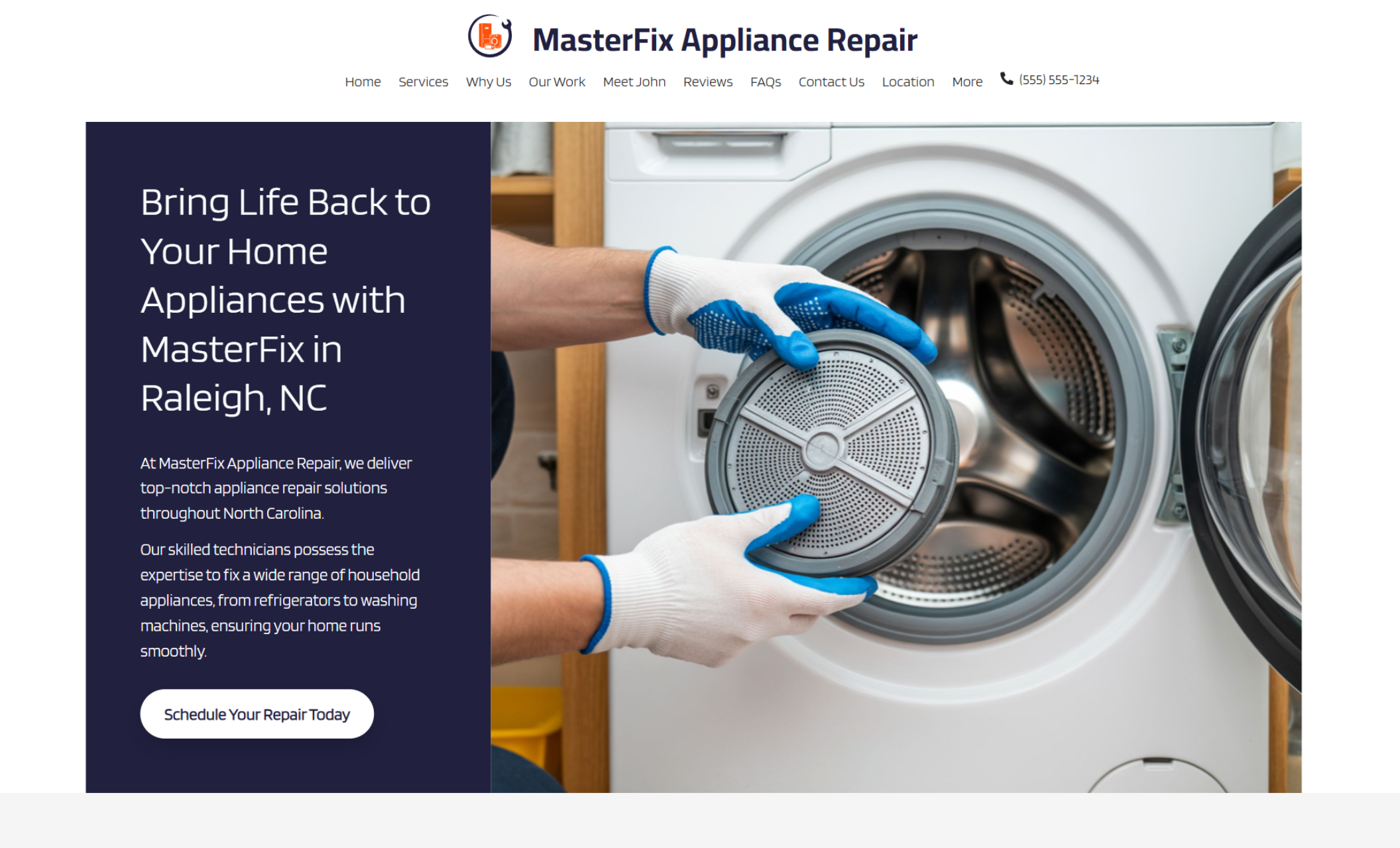 MasterFix Appliance Repair homepage hero banner showing a close-up of gloved hands holding a washing machine filter, next to the headline “Bring Life Back to Your Home Appliances with MasterFix in Raleigh, NC” and a button labeled “Schedule Your Repair Today.”