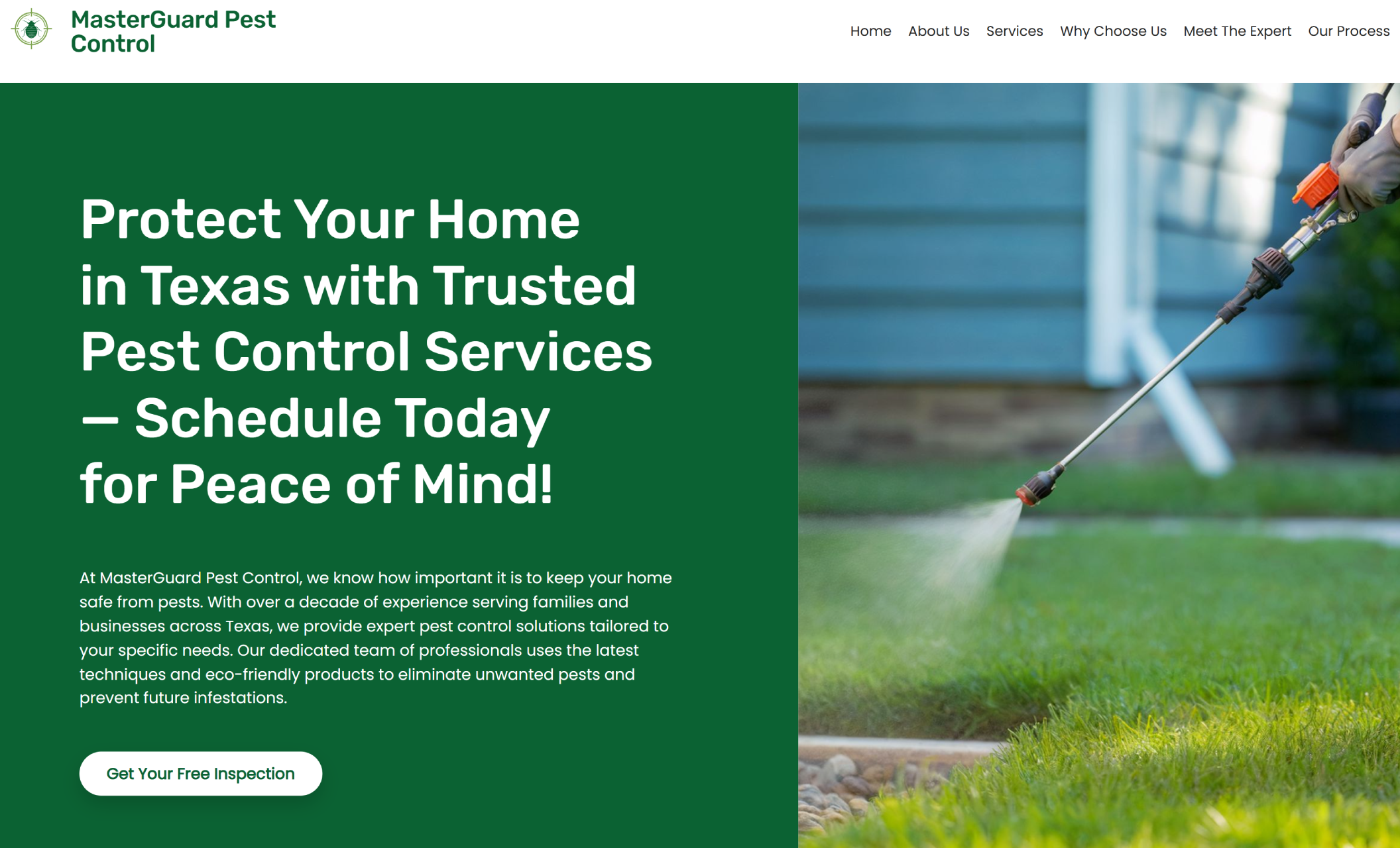 MasterGuard Pest Control homepage featuring a close-up of a technician spraying a lawn in front of a home, beside the bold green headline “Protect Your Home in Texas with Trusted Pest Control Services – Schedule Today for Peace of Mind!” with a white call-to-action button that says “Get Your Free Inspection.”