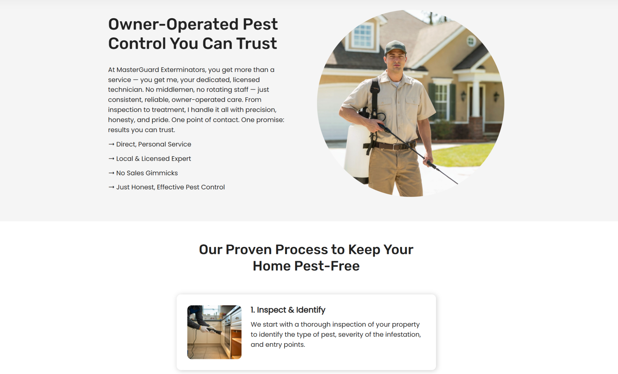 Image of a pest control technician in tan uniform standing in front of a suburban home with spray equipment, next to the section titled “Owner-Operated Pest Control You Can Trust.”