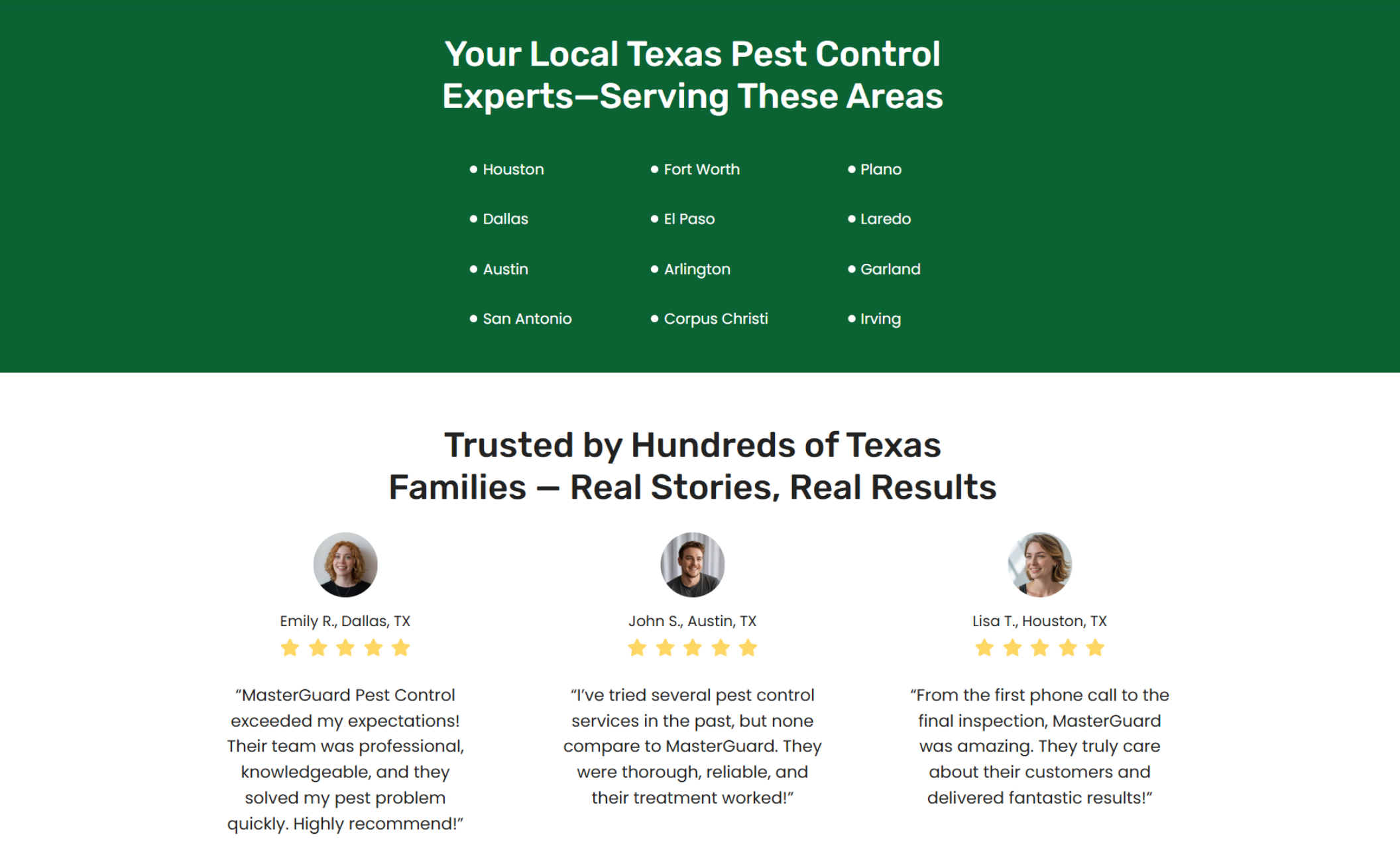 Green background featuring a list of Texas service areas followed by customer reviews, under the headline “Trusted by Hundreds of Texas Families – Real Stories, Real Results.”