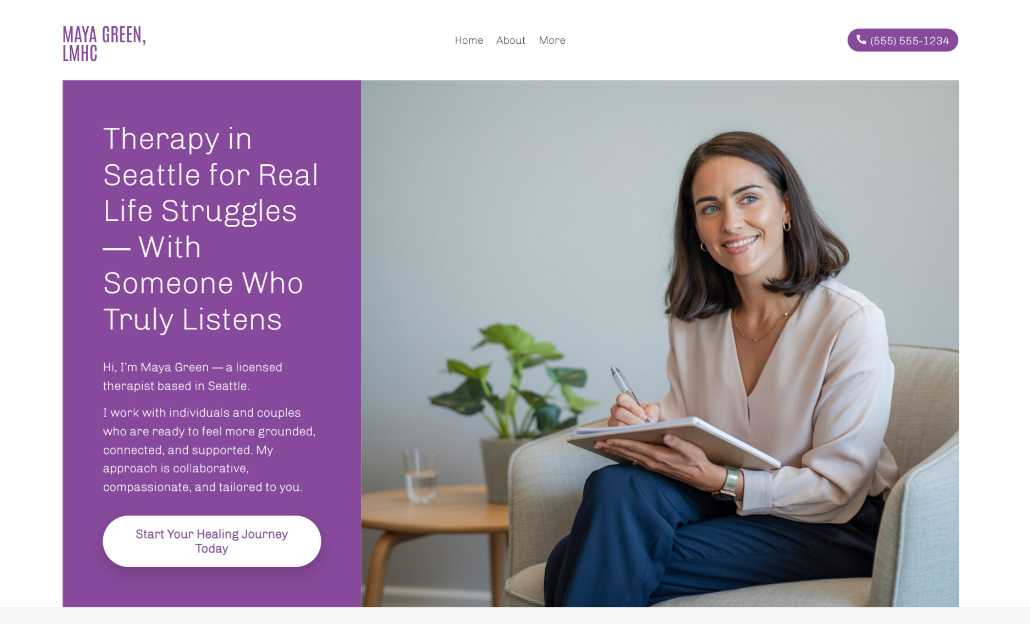 Maya Green, LMHC homepage featuring a smiling woman seated in a light beige armchair holding a notebook, with a purple panel headline reading “Therapy in Seattle for Real Life Struggles — With Someone Who Truly Listens” and a white “Start Your Healing Journey Today” button