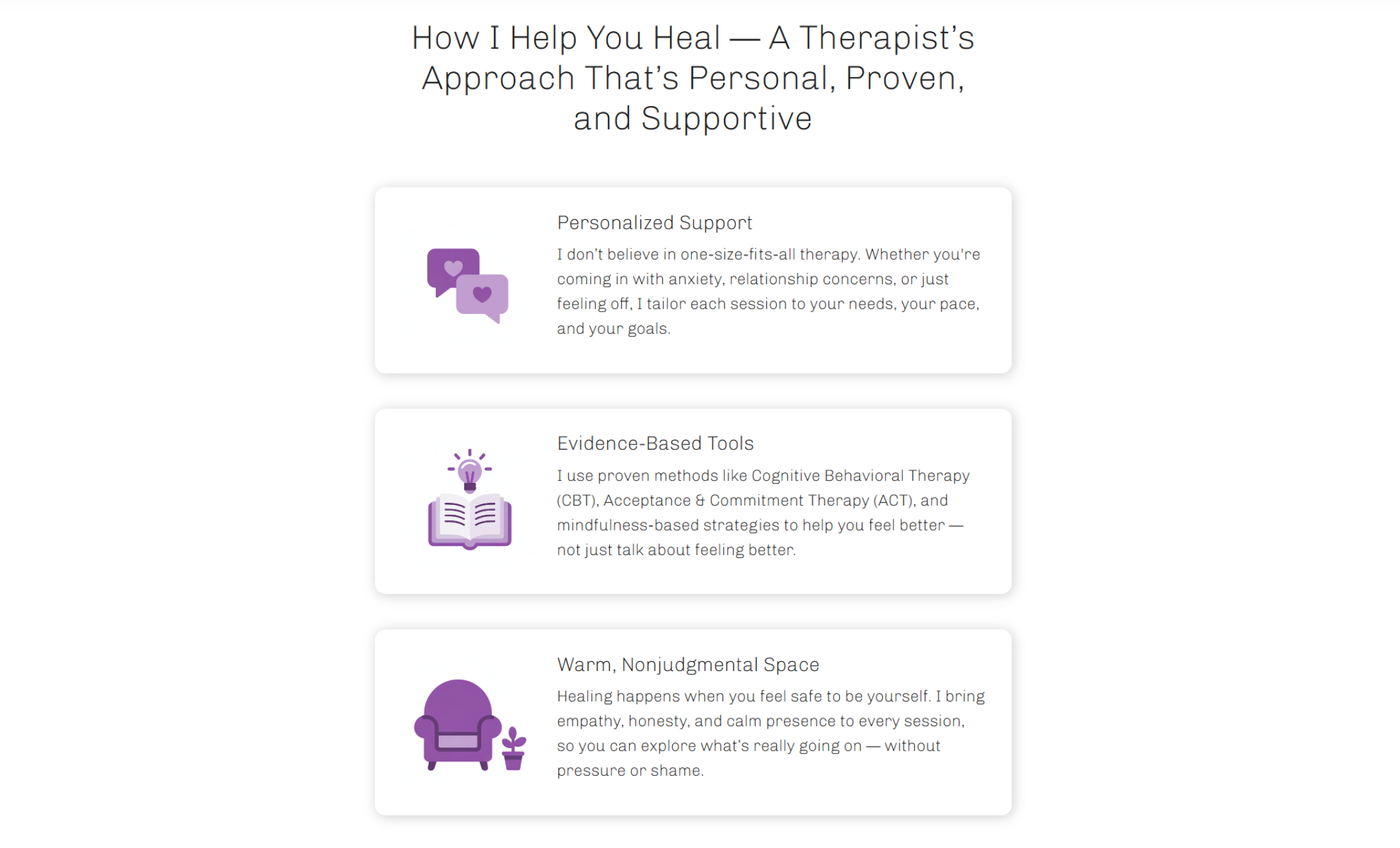 “How I Help You Heal” section on Maya Green’s website showing three illustrated purple icons with short descriptions for Personalized Support, Evidence-Based Tools, and Warm, Nonjudgmental Space