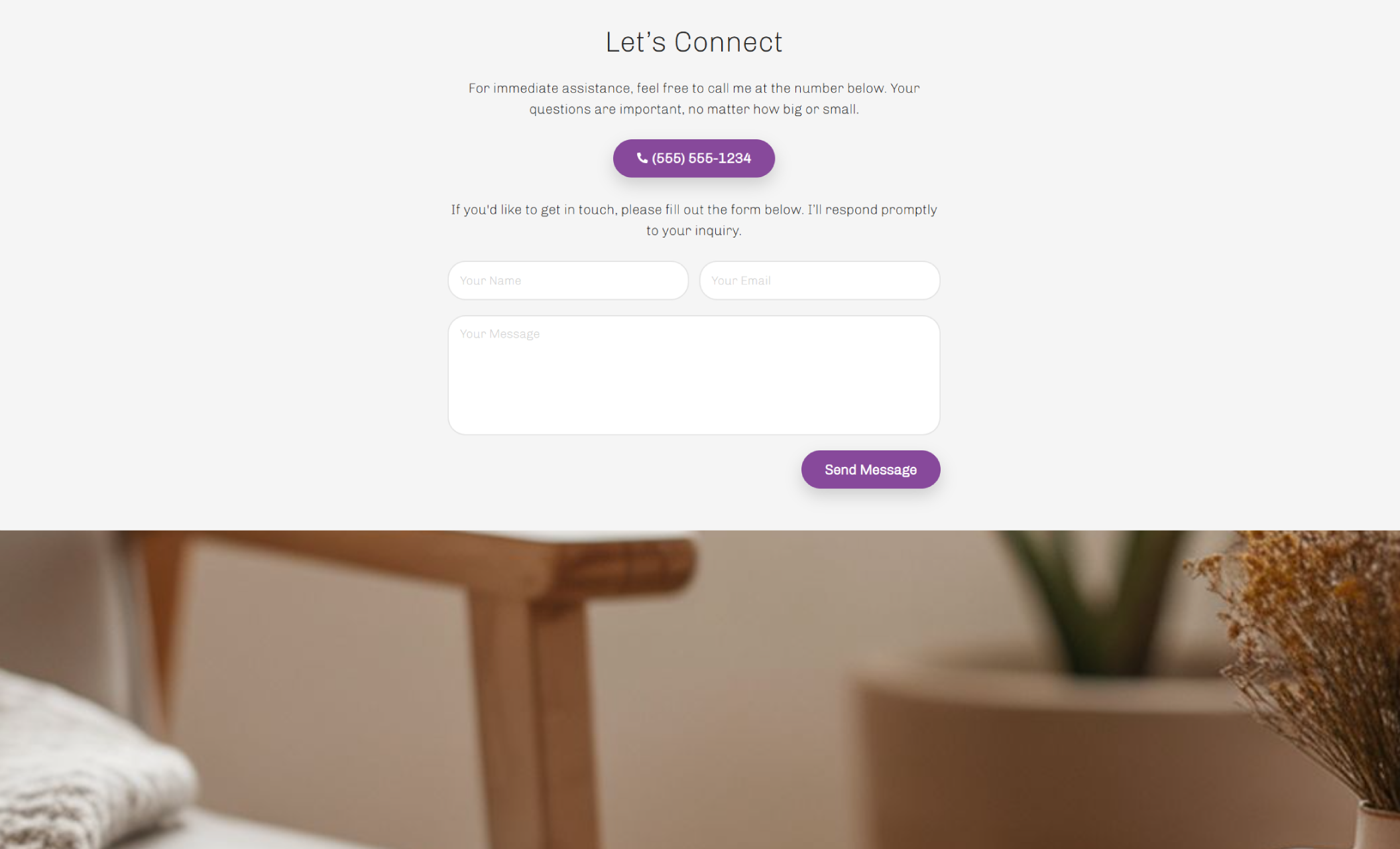 Maya Green “Let’s Connect” page with a large purple phone button displaying the number (555) 555-1234, a short message inviting contact, and a white contact form with fields for name, email, and message