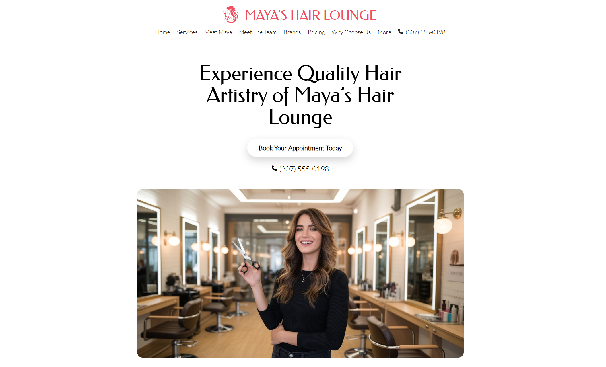 Maya’s Hair Lounge homepage showing a confident woman stylist holding scissors in a chic salon, under the headline “Experience Quality Hair Artistry of Maya’s Hair Lounge” with a centered booking button and contact number