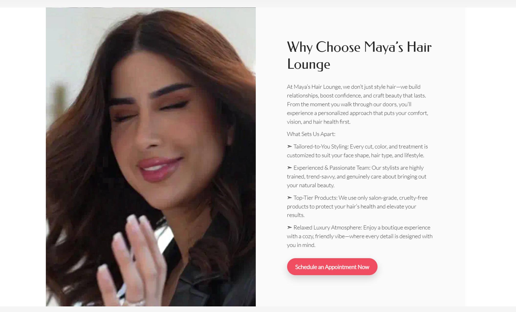Close-up of a smiling woman with styled brunette waves beside a list of reasons to choose Maya’s Hair Lounge, highlighting personalized styling, expert staff, and premium products with a red call-to-action button