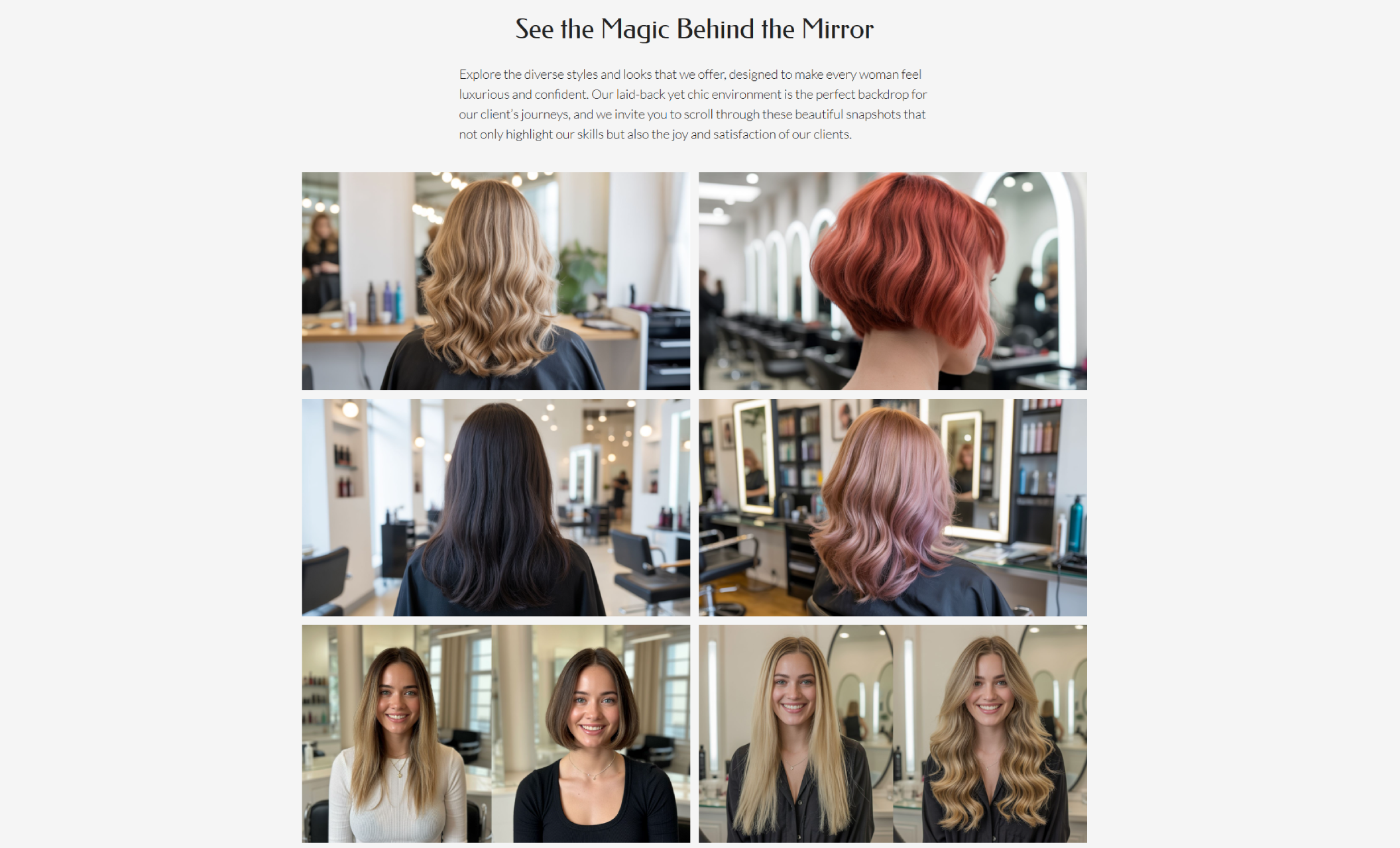 Hair transformations gallery with the heading “See the Magic Behind the Mirror,” displaying a grid of client hairstyles ranging from blond waves and red bobs to sleek cuts and soft curls, all taken in a bright, modern salon