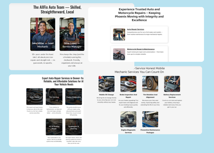 A collage of services section generated by Zarla showing different styles of service items, all having a picture, a title, and a brief description