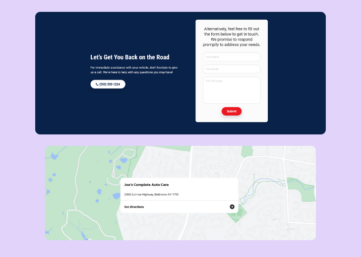 A screenshot of a header with navigation pills with contact number, a blue-colored primary button with contact number, and a 2D depiction of a map with a business address in the center