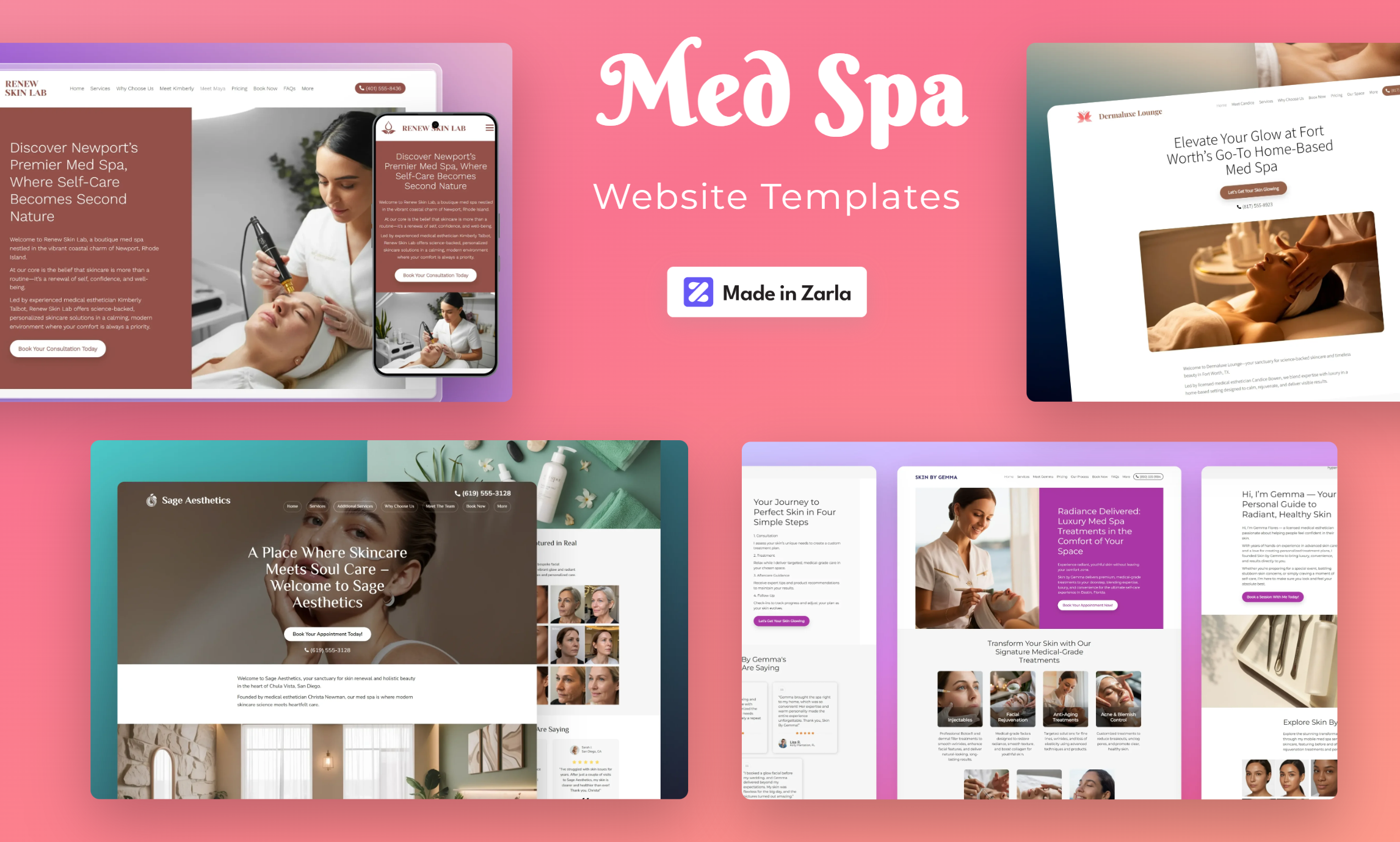 Collection of med spa website templates created with Zarla