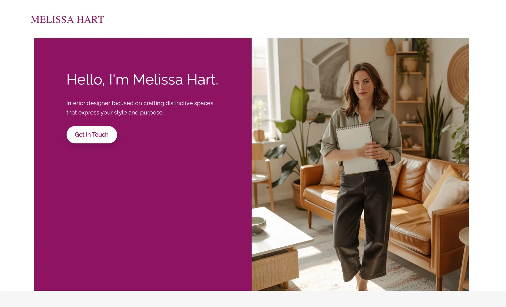 Melissa Hart's homepage featuring a portrait, a brief introduction, and a call-to-action button