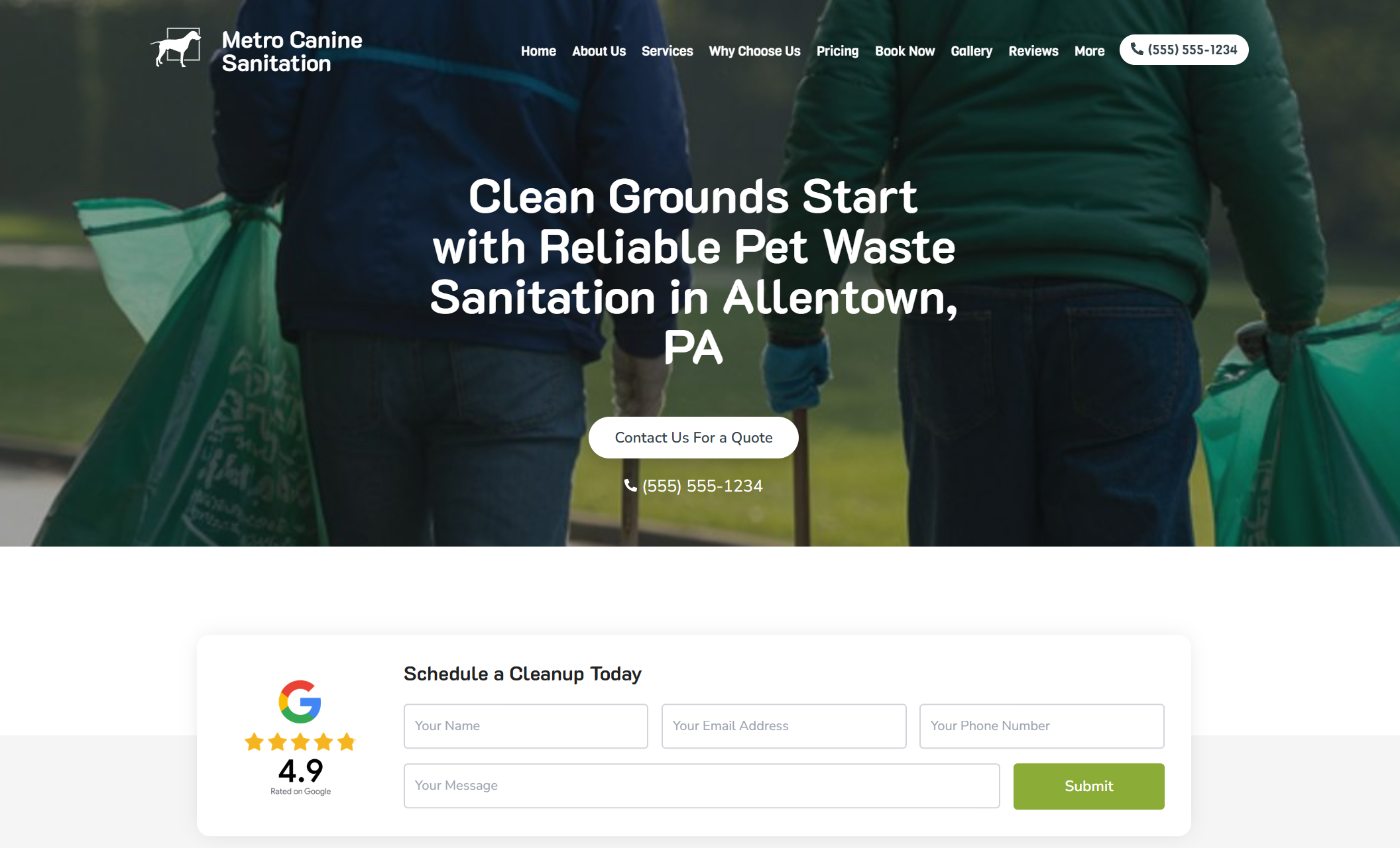 Metro Canine Sanitation homepage hero showing two team members walking through a park carrying green waste bags, paired with the headline “Clean Grounds Start with Reliable Pet Waste Sanitation in Allentown, PA” and a white “Contact Us For a Quote” button