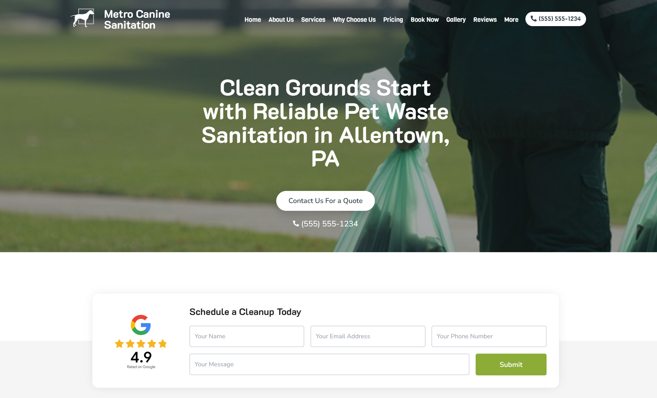 Metro Canine Sanitation homepage hero showing two team members walking through a park carrying green waste bags, paired with the headline “Clean Grounds Start with Reliable Pet Waste Sanitation in Allentown, PA” and a white “Contact Us For a Quote” button
