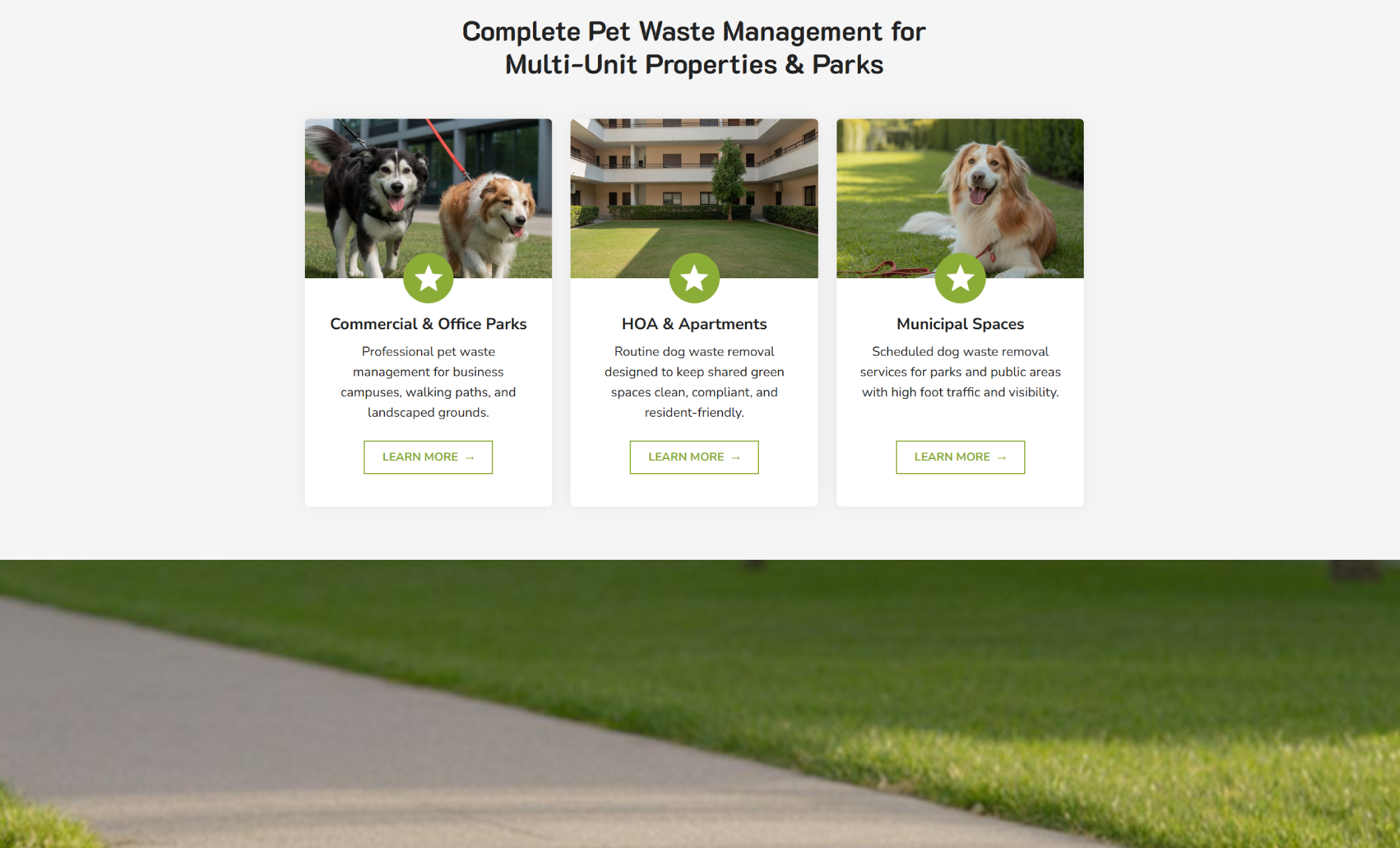 Metro Canine Sanitation services section labeled “Complete Pet Waste Management for Multi-Unit Properties & Parks,” showing service cards for HOA & apartments, commercial and office parks, and municipal spaces with dog-friendly imagery