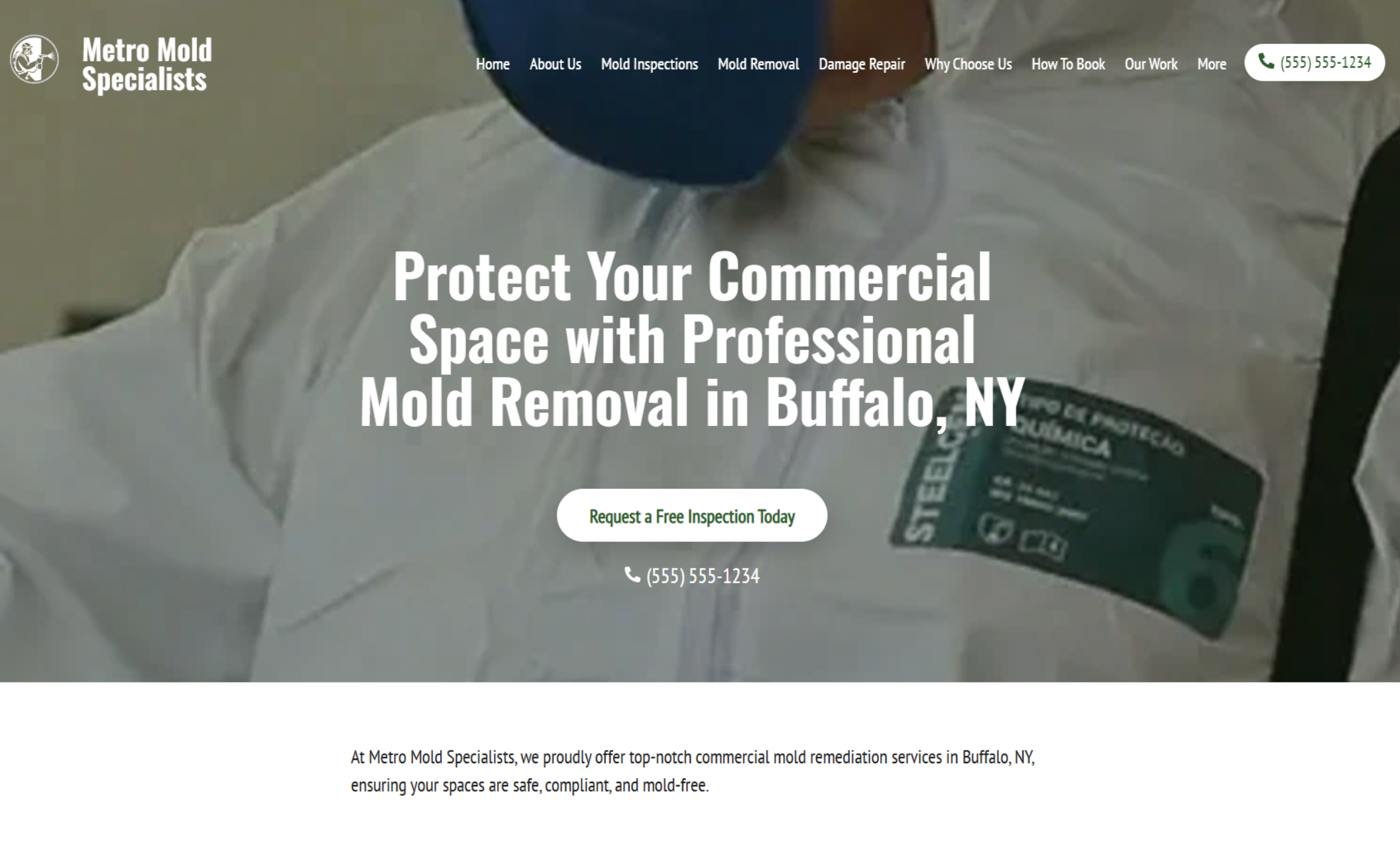 Metro Mold Specialists homepage featuring the headline “Protect Your Commercial Space with Professional Mold Removal in Buffalo, NY” with a “Request a Free Inspection Today” button over a technician in protective gear