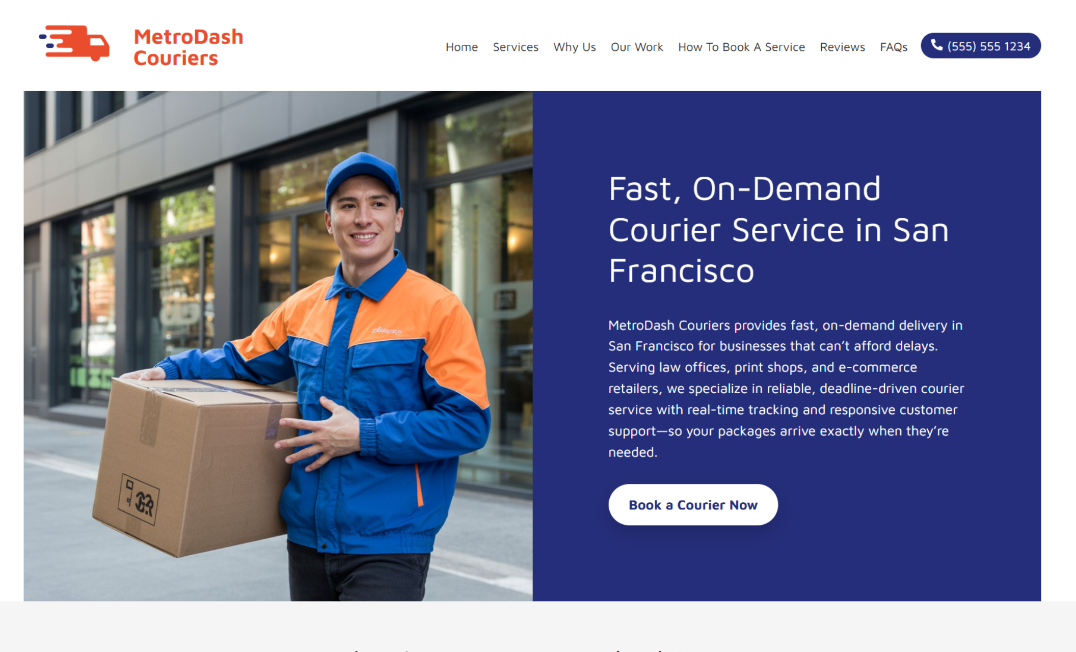 MetroDash Couriers homepage hero featuring a smiling courier holding a large box in an urban setting, next to the headline “Fast, On-Demand Courier Service in San Francisco” and a white button that says “Book a Courier Now.”
