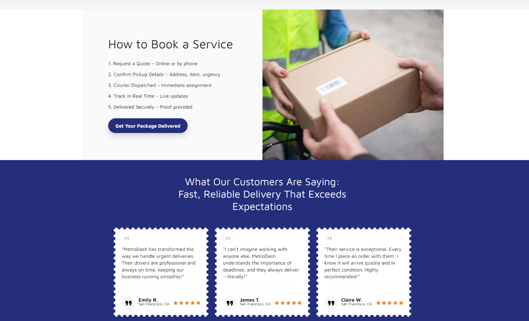 MetroDash Couriers “How to Book a Service” section featuring a step-by-step list beside a close-up photo of a package being handed from a courier to a customer, with a blue button labeled “Get Your Package Delivered.”