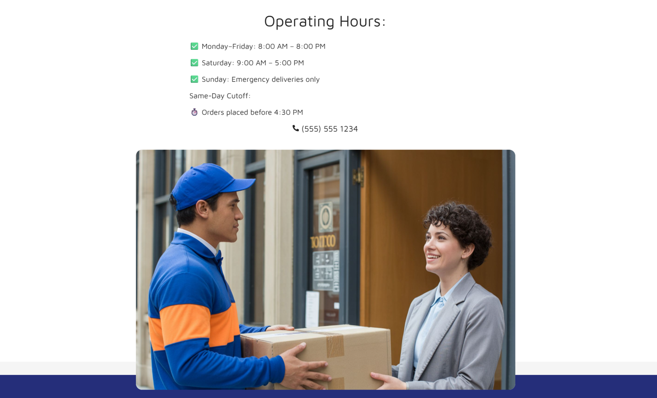 MetroDash Couriers section showing a courier in a blue-and-orange uniform handing a package to a customer at their doorway, with operating hours listed above and a phone number for same-day delivery inquiries