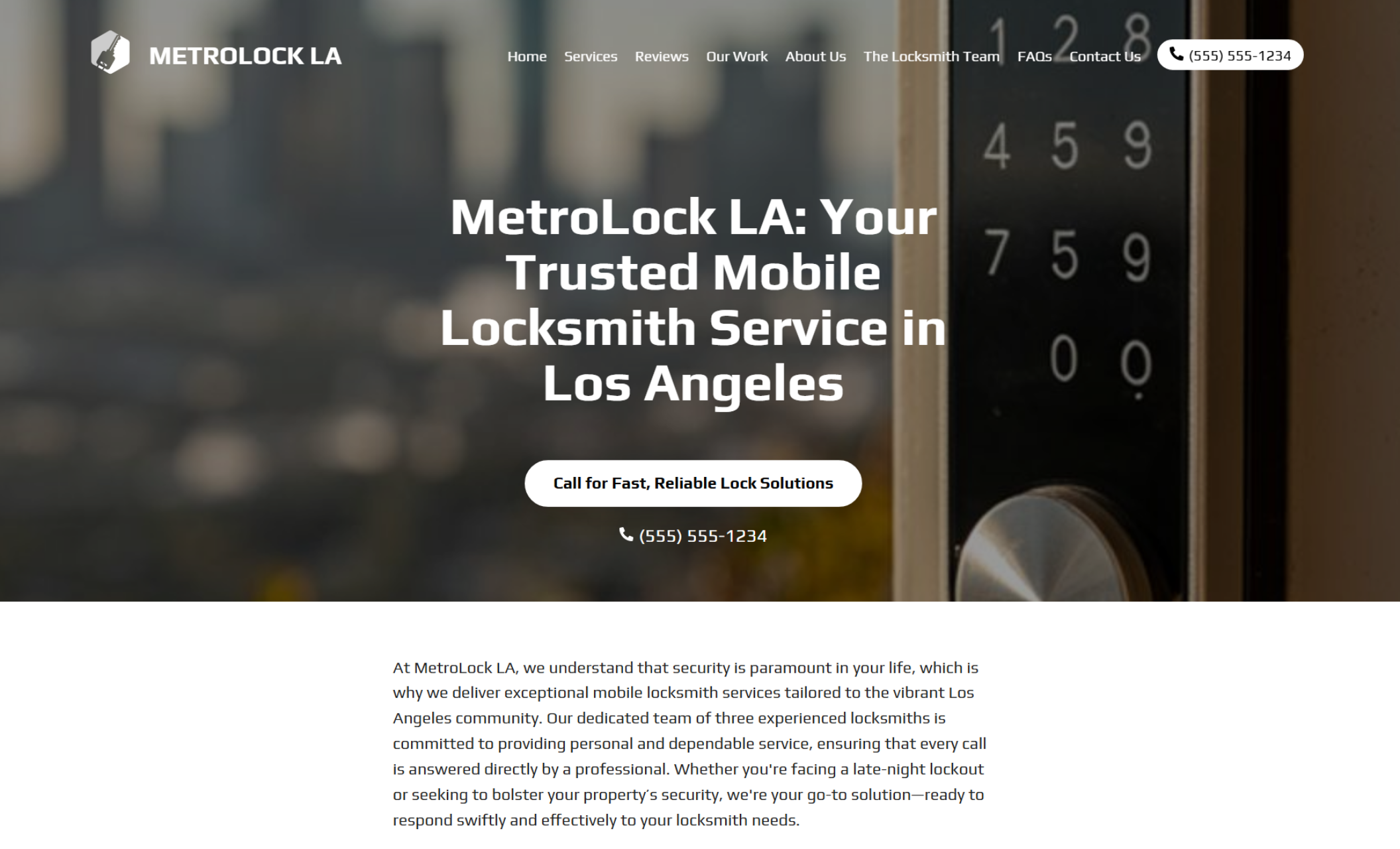 MetroLock LA homepage with a blurred Los Angeles skyline background and a close-up of a digital keypad lock beside the headline “MetroLock LA: Your Trusted Mobile Locksmith Service in Los Angeles.”