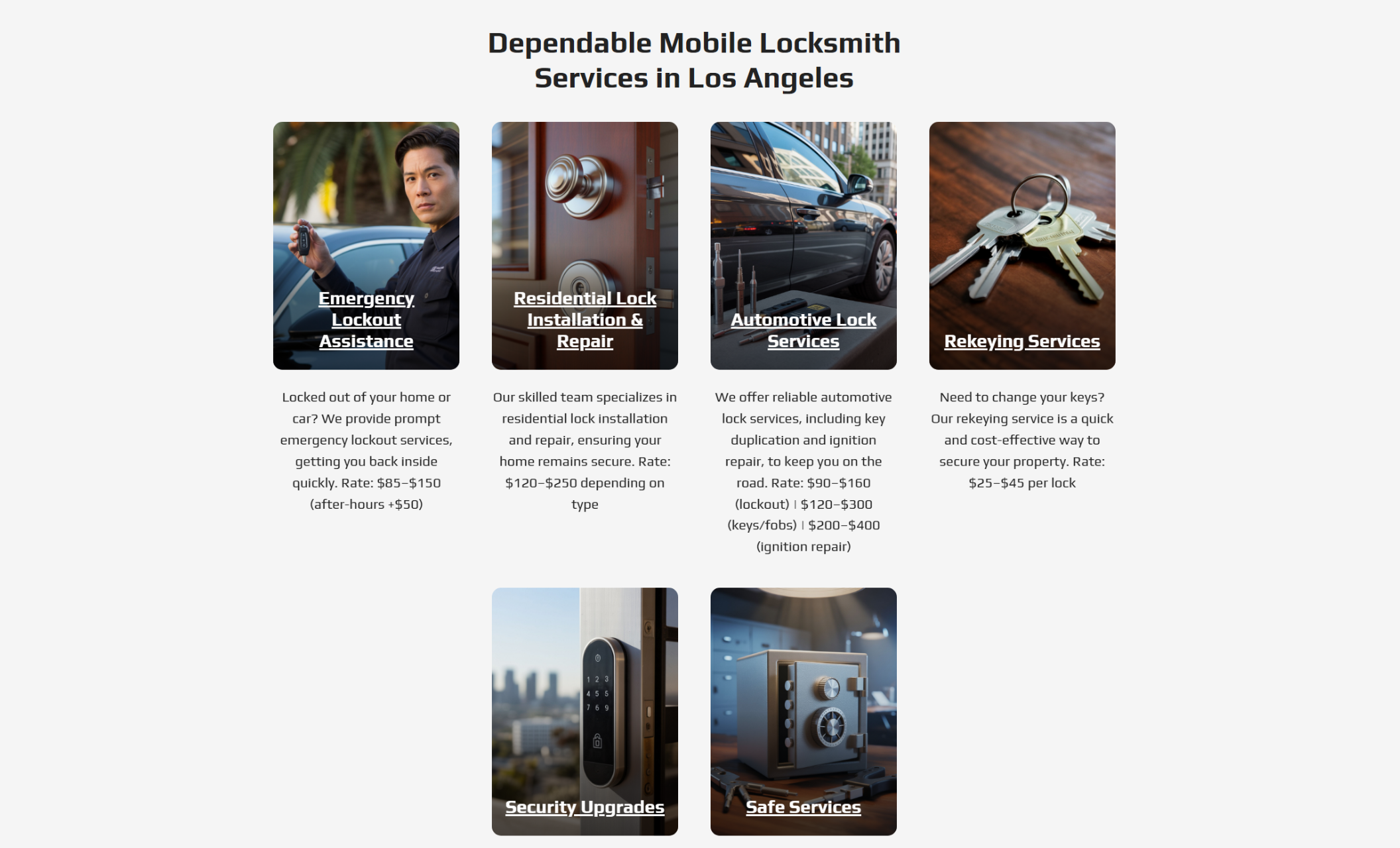 MetroLock LA services section showing six illustrated service cards with photos of locks, keys, and a locksmith holding a remote, highlighting emergency lockouts, residential repairs, automotive services, rekeying, security upgrades, and safe services