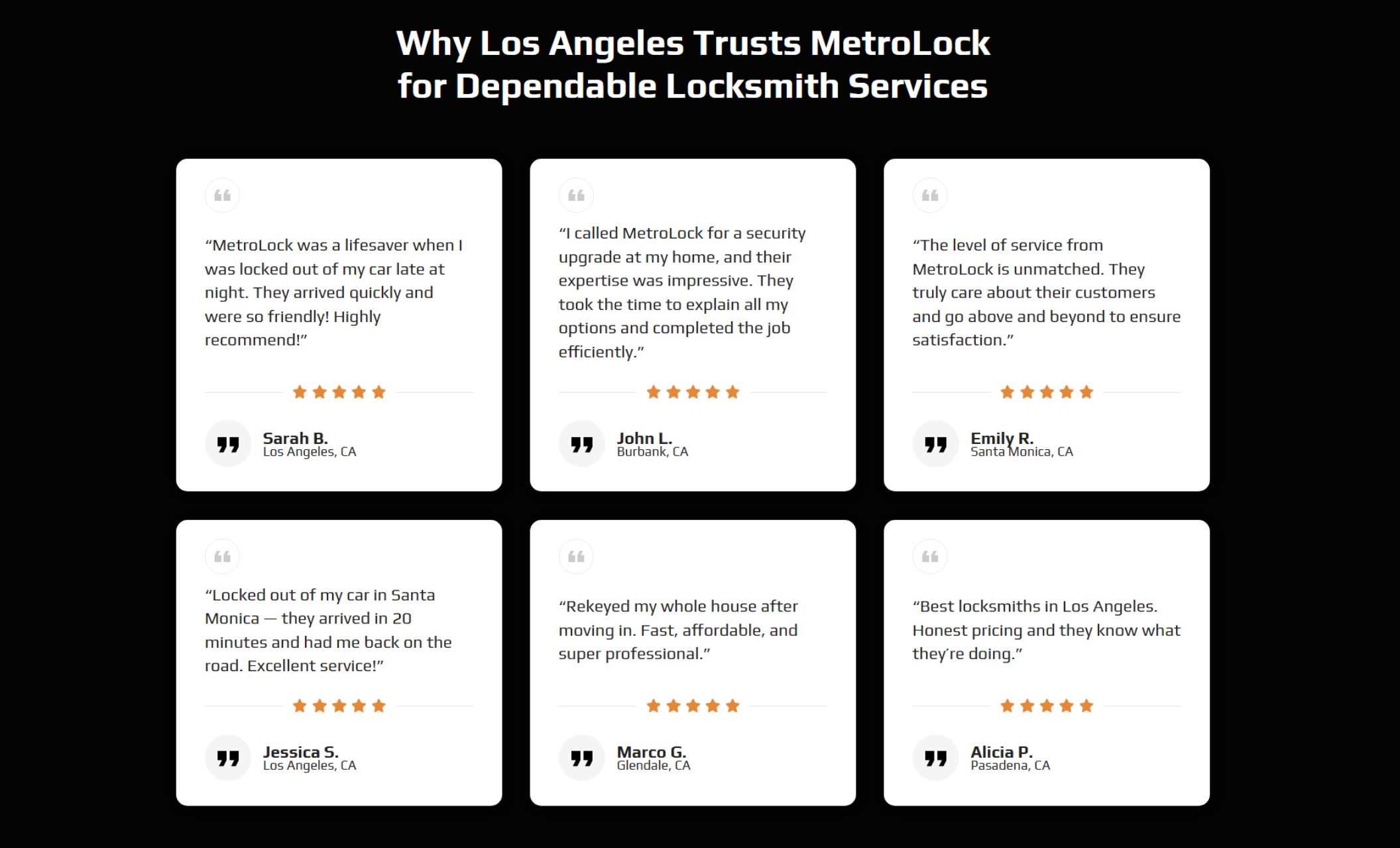 MetroLock LA reviews section featuring six white testimonial cards on a black background with customer names, star ratings, and quotes praising fast, dependable locksmith service in Los Angeles