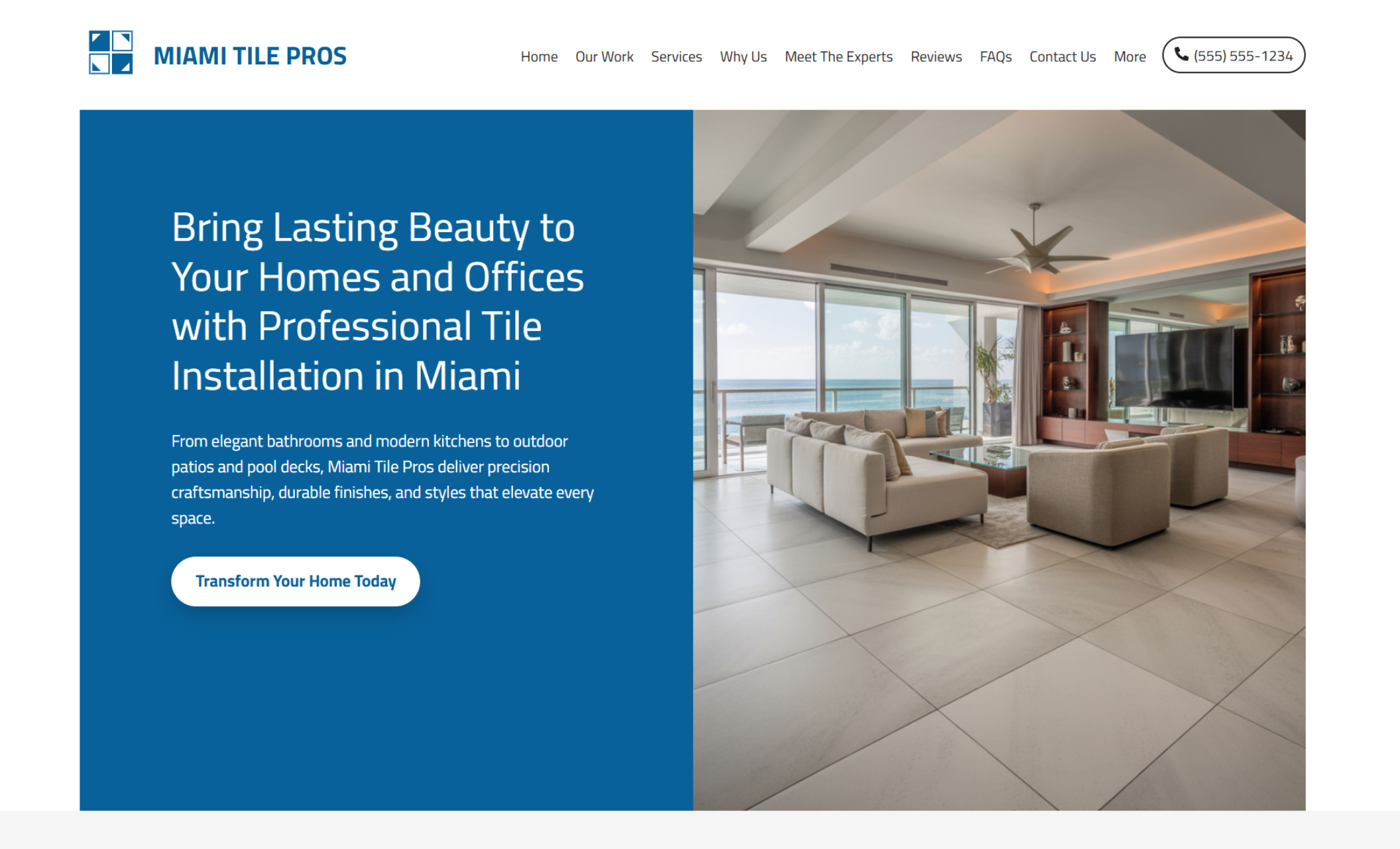 Miami Tile Pros homepage with a bold blue banner that reads “Bring Lasting Beauty to Your Homes and Offices with Professional Tile Installation in Miami” beside a full-width image of a luxury oceanfront living room with large tile flooring