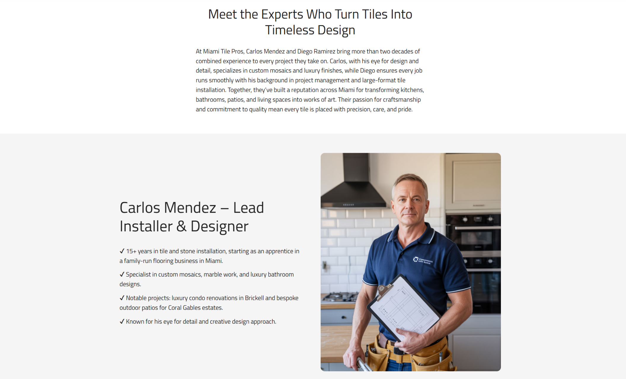Miami Tile Pros "Meet the Experts" section featuring a portrait of Carlos Mendez in a navy polo holding plans in a modern kitchen, alongside text highlighting his 15+ years of tile installation and design expertise