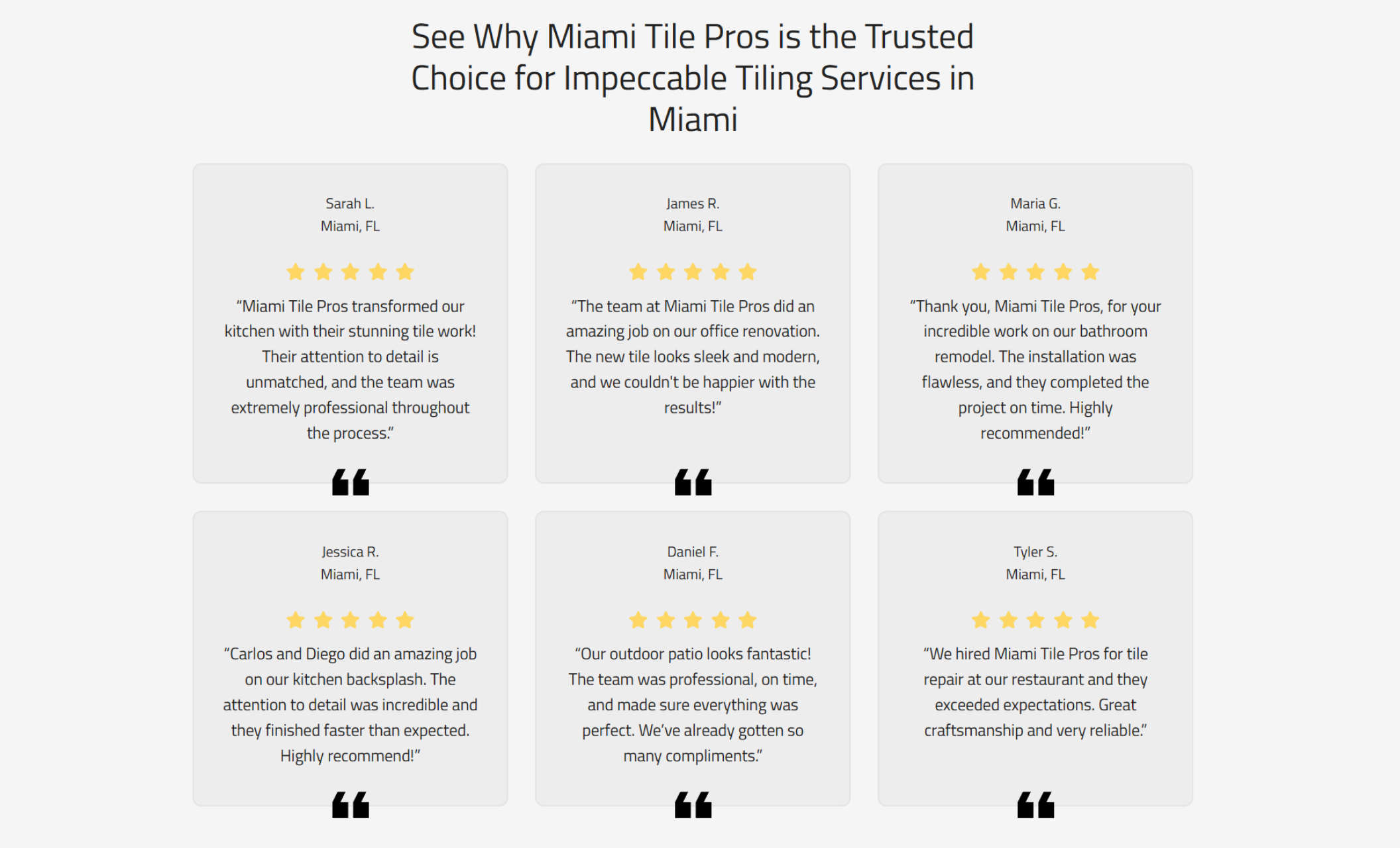 Miami Tile Pros reviews section displaying six customer testimonials in gray cards with five-star ratings, each praising the company’s professionalism, craftsmanship, and tile installation results