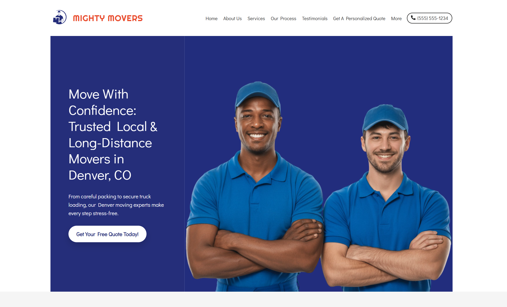 Mighty Movers homepage featuring two movers in blue uniforms smiling with crossed arms in front of a solid navy background, alongside the headline “Move With Confidence: Trusted Local & Long-Distance Movers in Denver, CO” and a white button that says “Get Your Free Quote Today.”