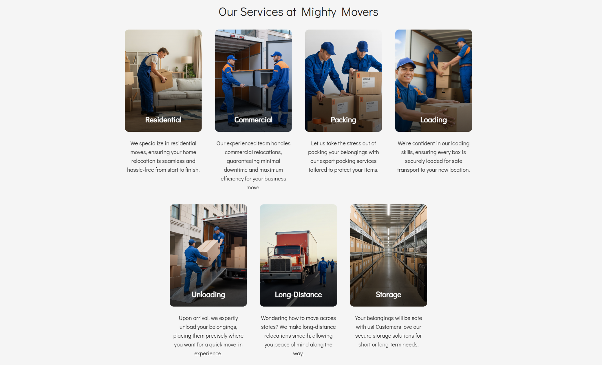 Mighty Movers process section showing four illustrated icons labeled “Get A Free Quote,” “Plan And Schedule,” “Unloading And Setup,” and “Packing And Moving,” paired with a photo of movers unloading boxes and a bold text block that reads “Your Trusted Moving Partner. Strength You Can Rely On.”